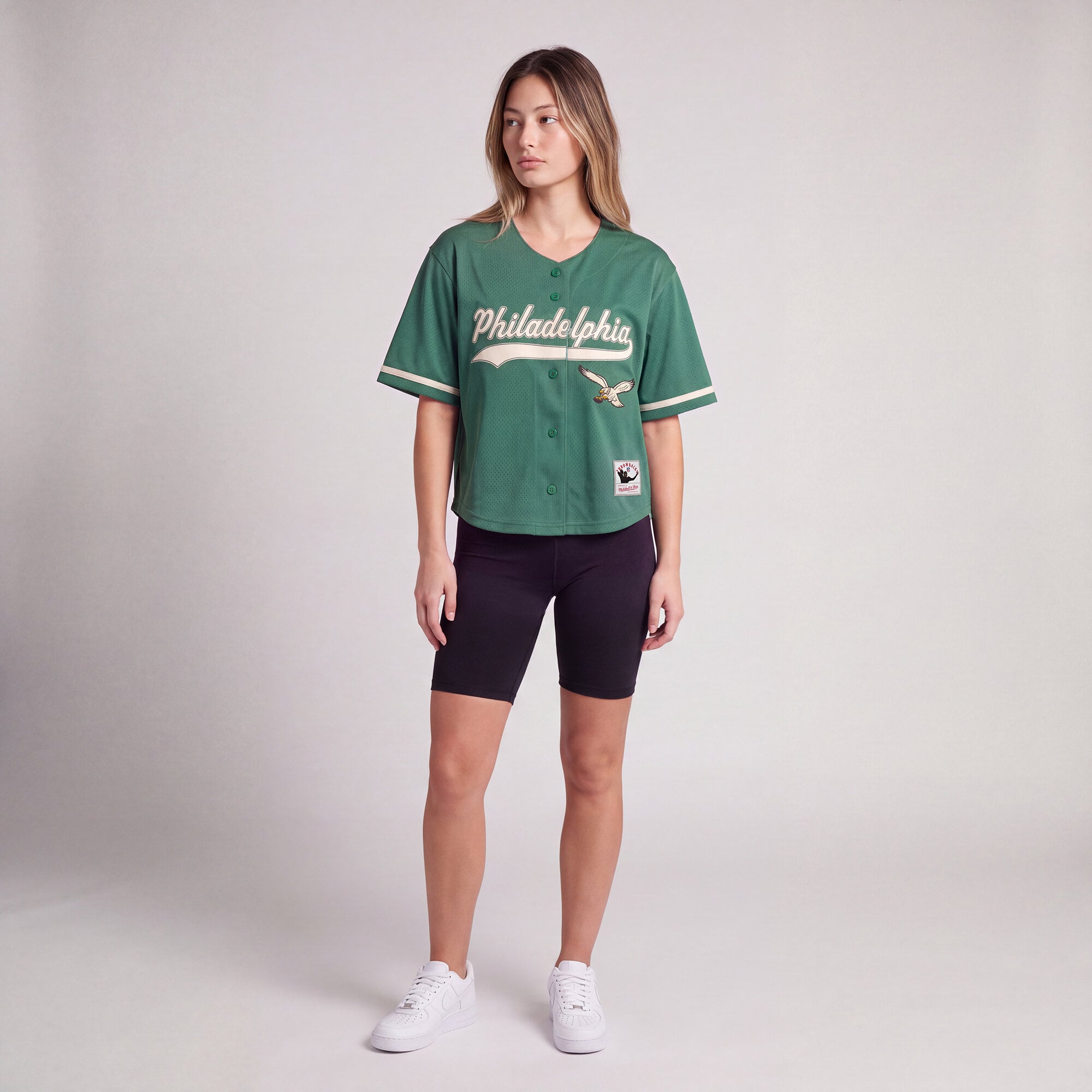 Maillot de baseball rétro Roots vert Kelly des Eagles Philadelphie pour femmes Mitchell & Ness