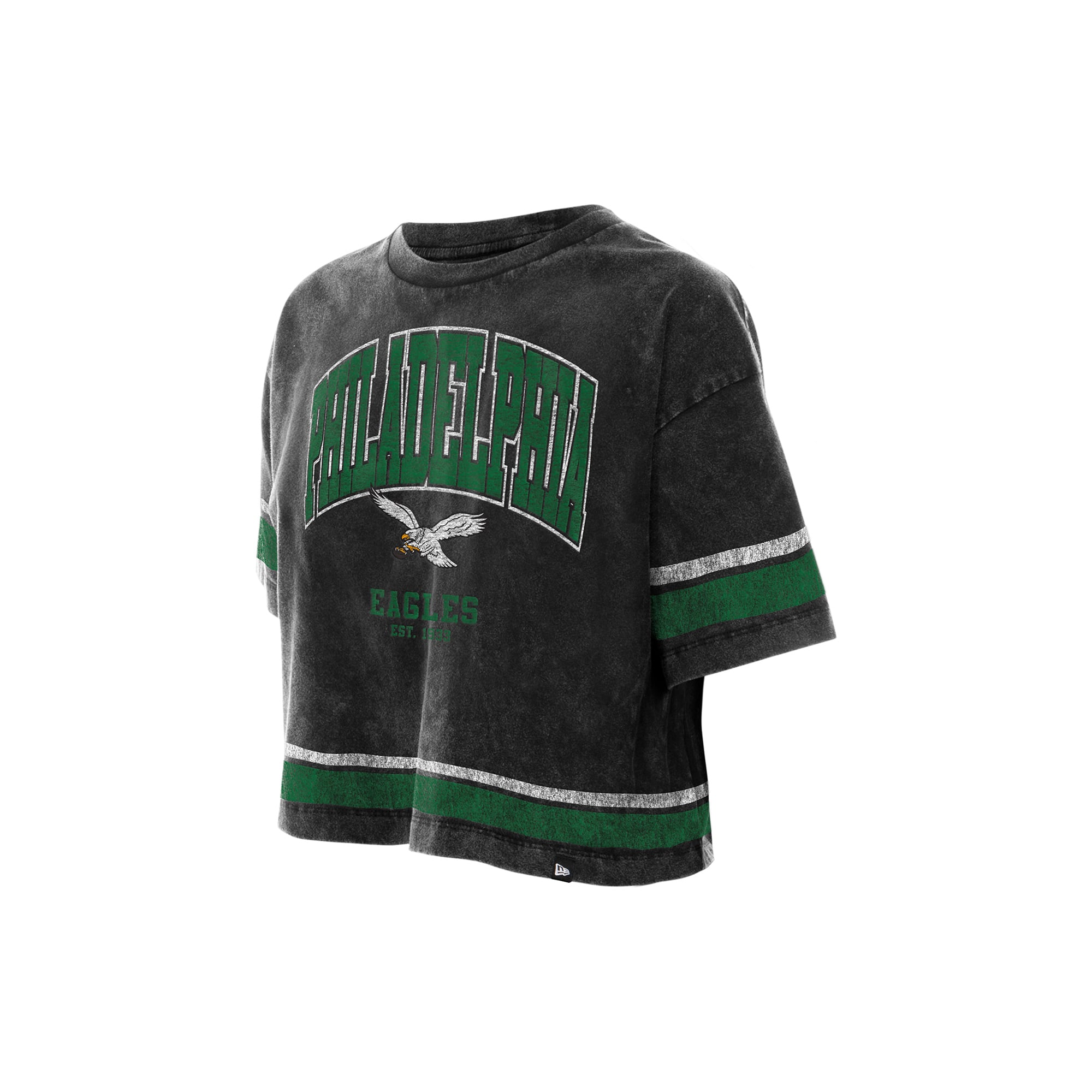 T-shirt court New Era noir Philadelphia Eagles Lifestyle pour femme, délavé à l'huile minérale, coupe carrée.