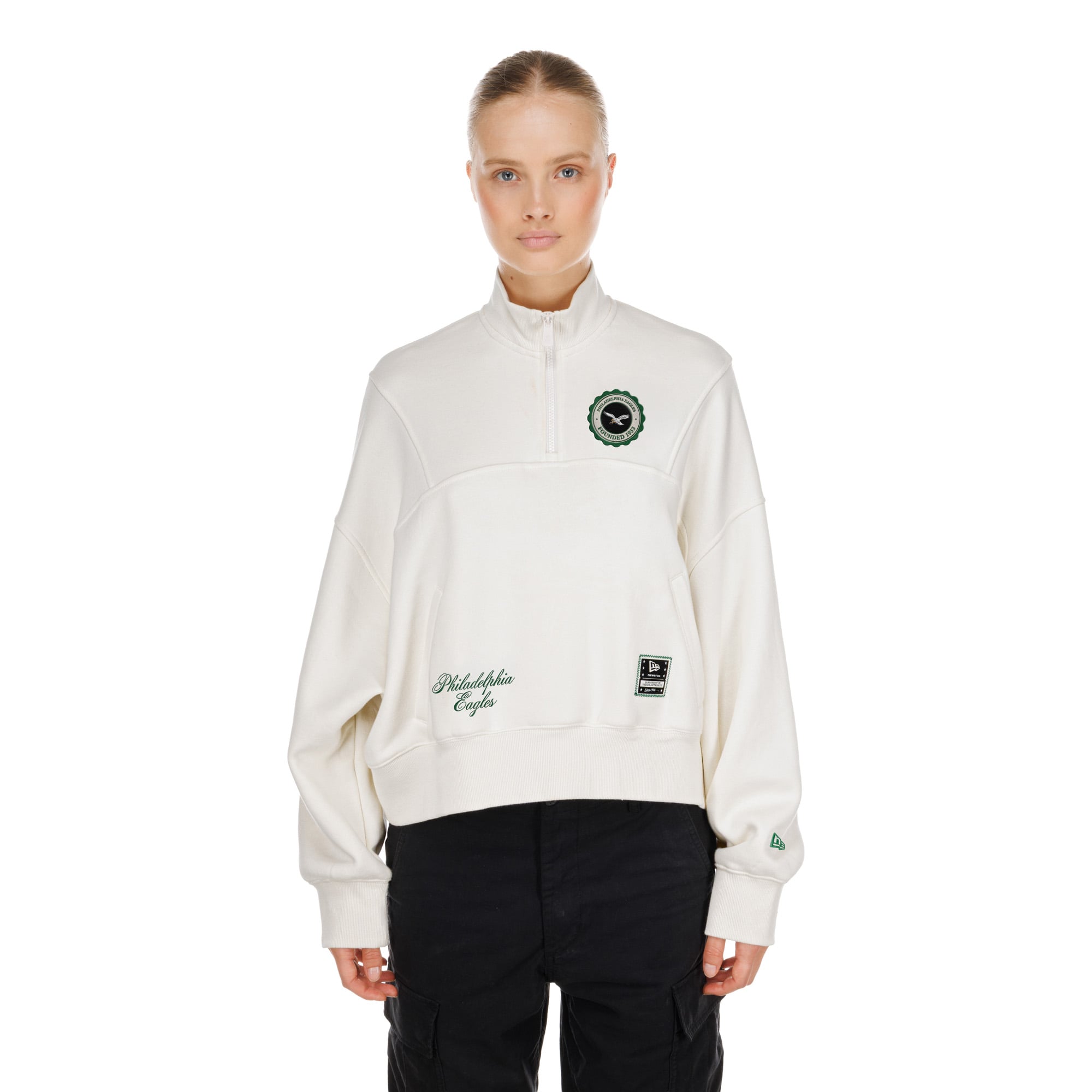 Pull à col zippé New Era crème Philadelphia Eagles pour femme