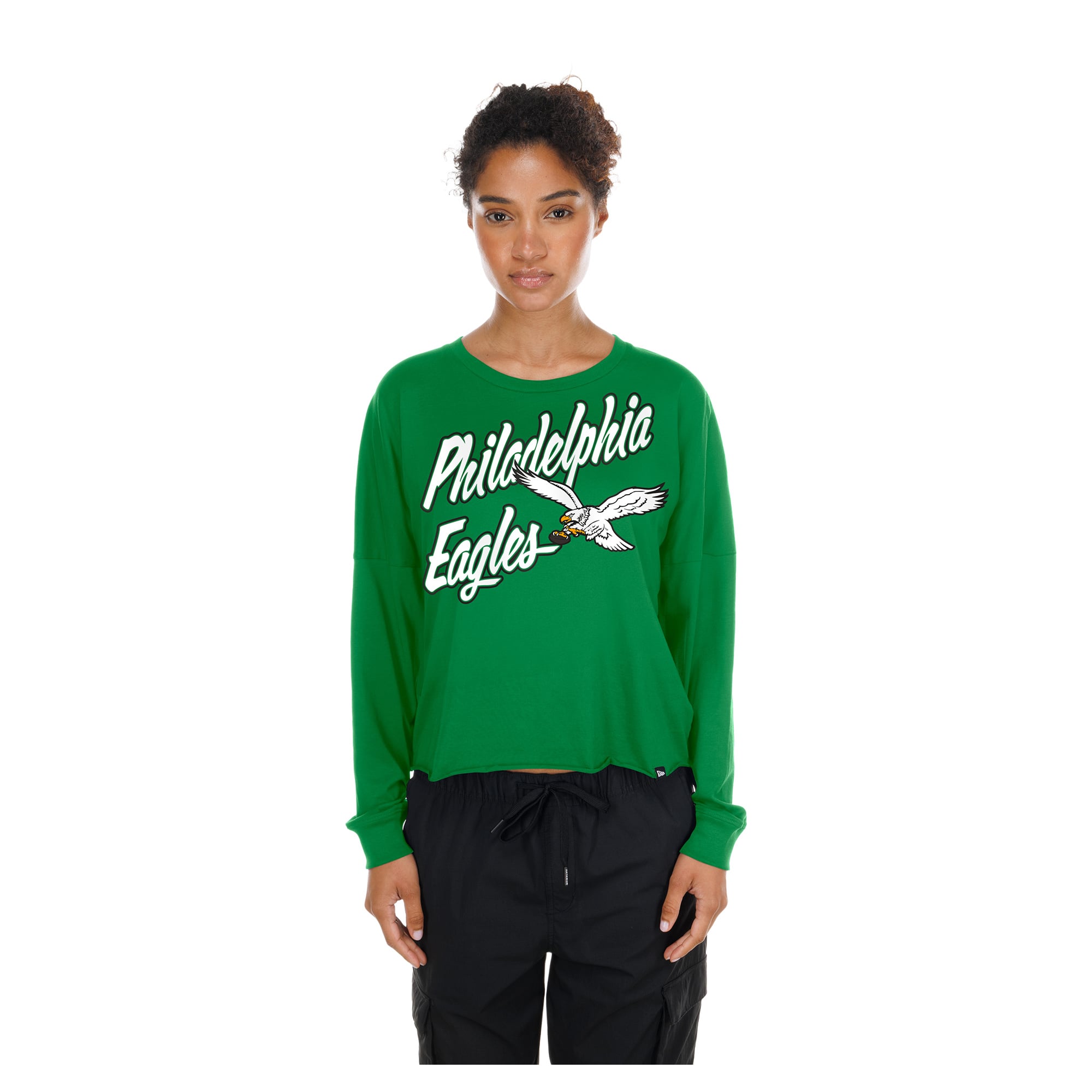 Women's New Era  Kelly Green Philadelphia Eagles Cropped Oversized Long Sleeve T-Shirt