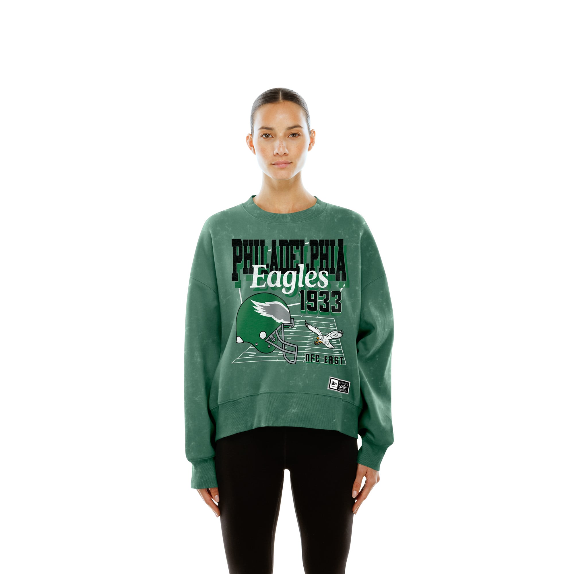 Sweat-shirt à col rond en molleton New Era Kelly Green Philadelphia Eagles Throwback, style boxy, délavé minéral, pour femme