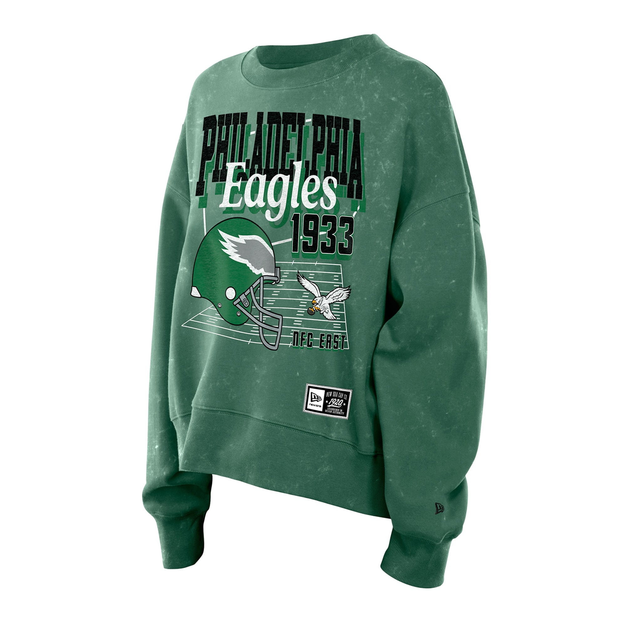 Sweat-shirt à col rond en molleton New Era Kelly Green Philadelphia Eagles Throwback, style boxy, délavé minéral, pour femme