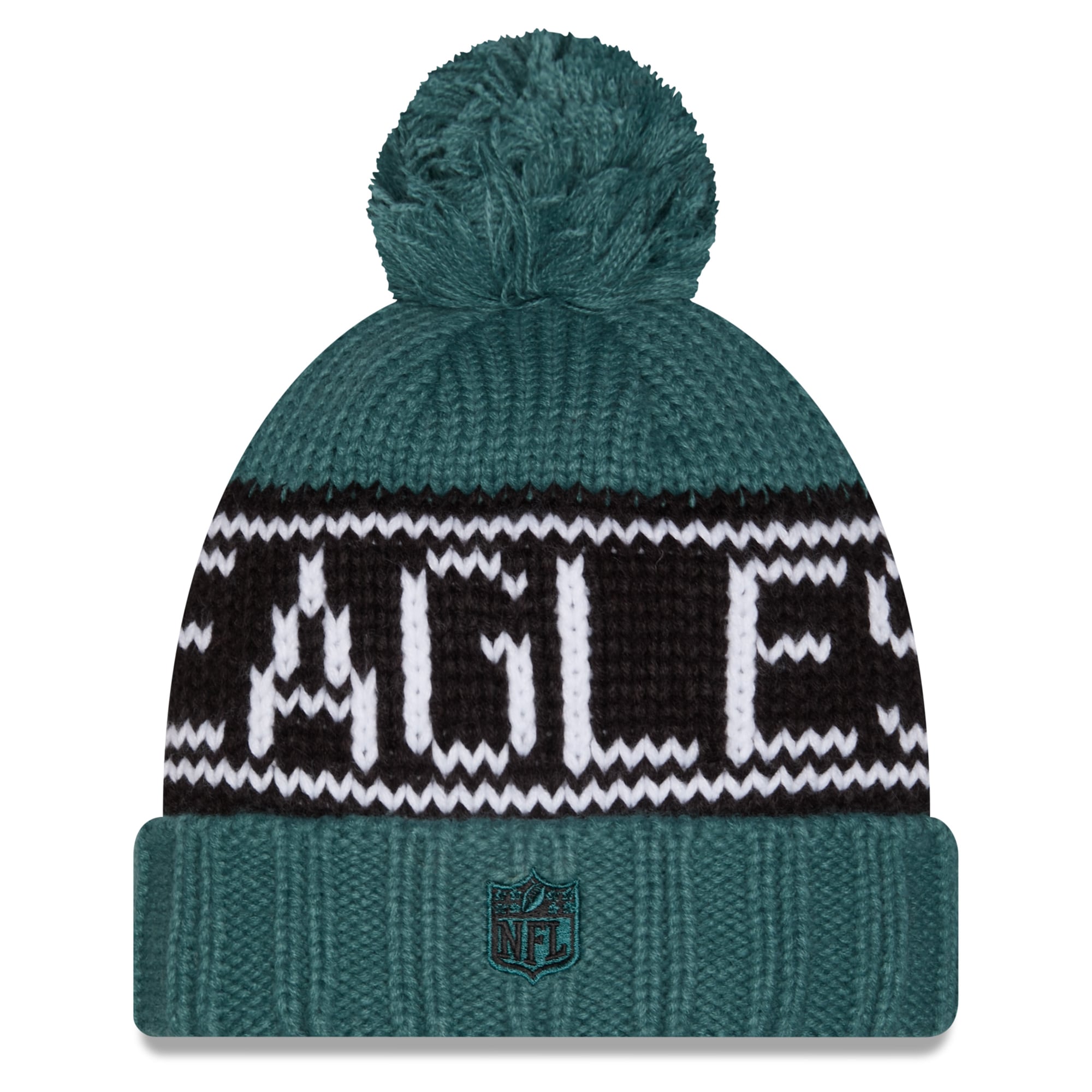 Bonnet d'hiver à revers New Era Midnight Green Philadelphia Eagles 2026 pour femme, avec pompon.
