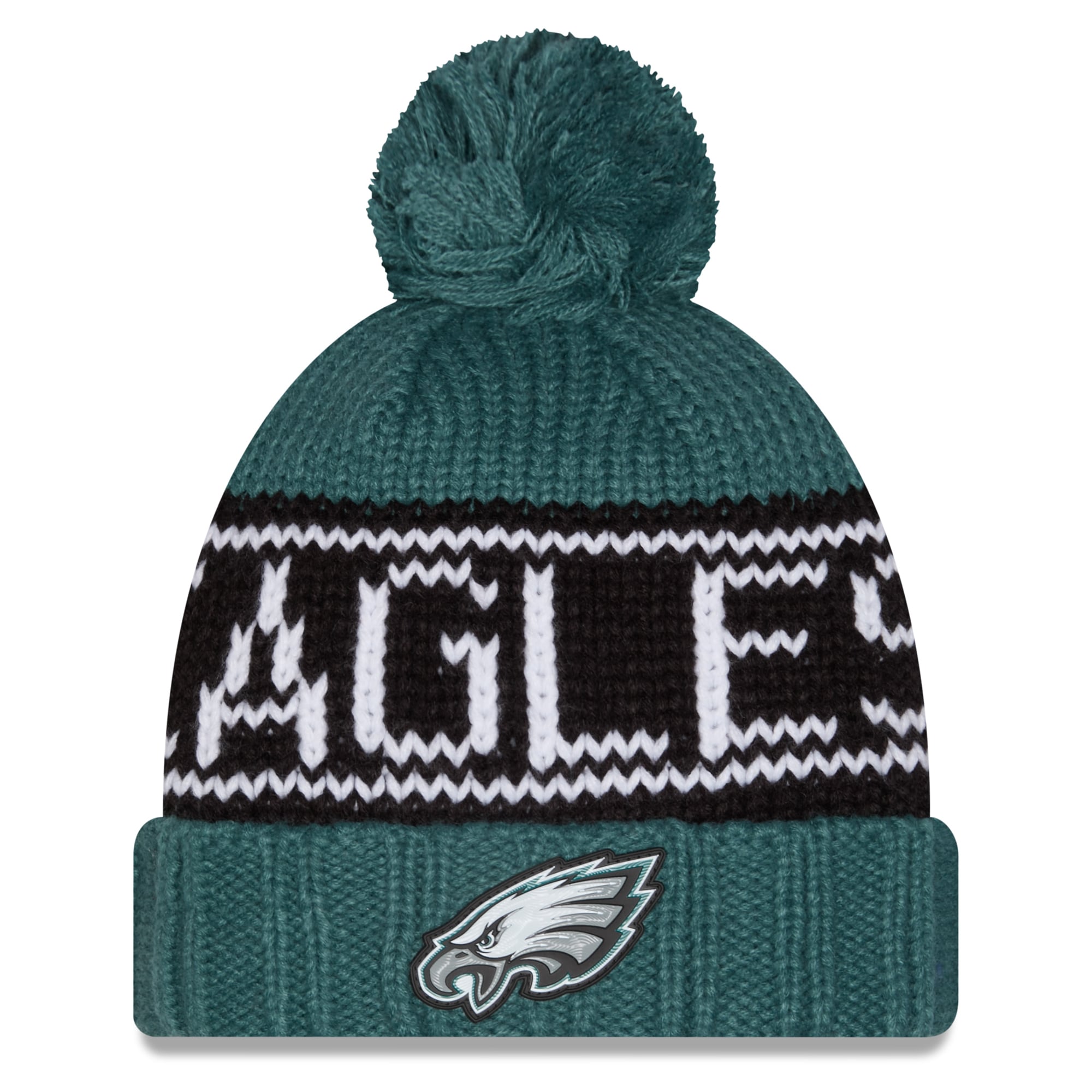Bonnet d'hiver à revers New Era Midnight Green Philadelphia Eagles 2026 pour femme, avec pompon.
