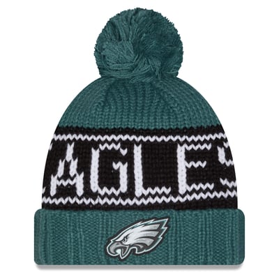 Philadelphia Eagles New Era Women's 2026 Sideline Cold Weather  Cuffed Knit Hat with Pom - Midnight Green