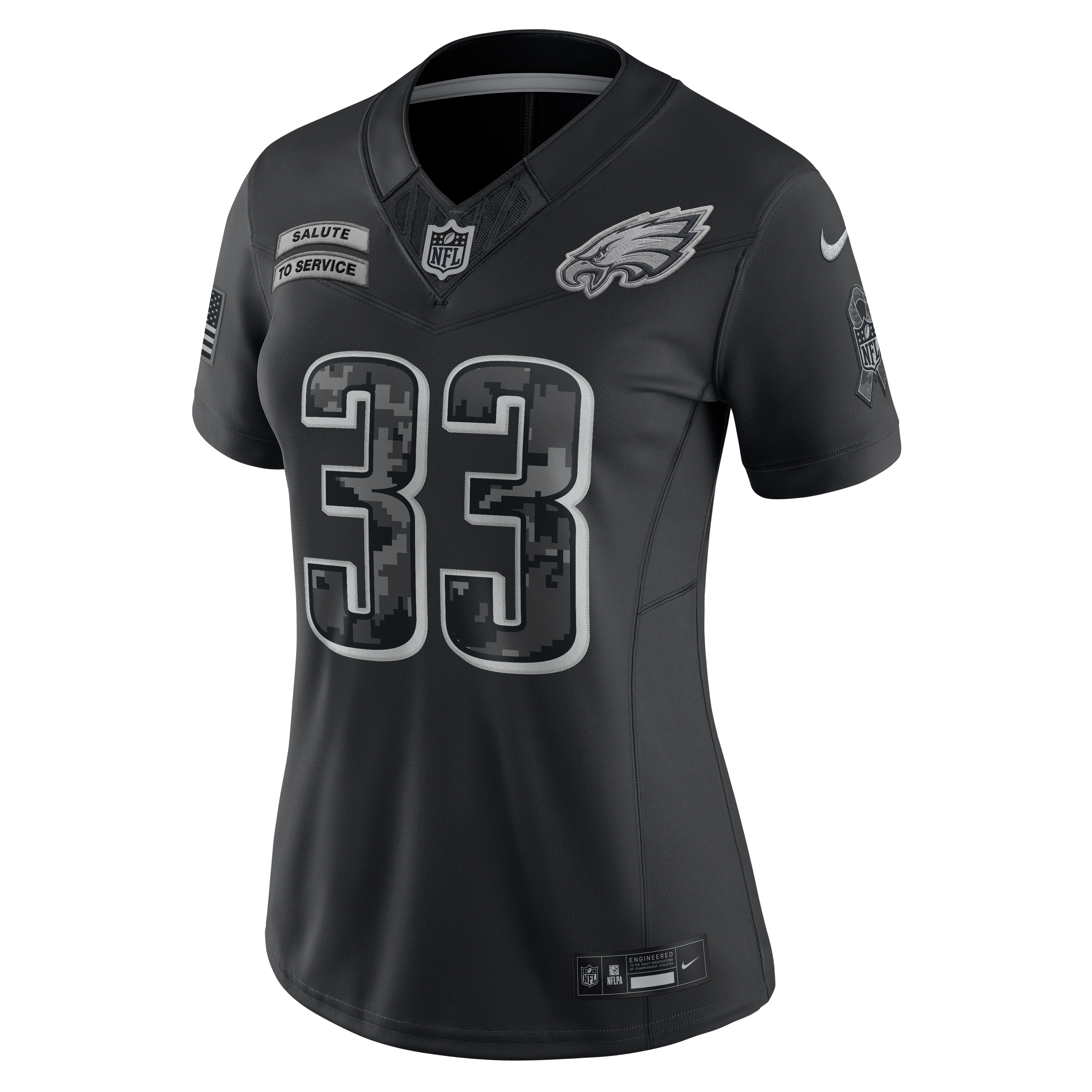 Maillot Nike Cooper DeJean noir Philadelphia Eagles 2026 Salute to Service pour femme, édition limitée cousue