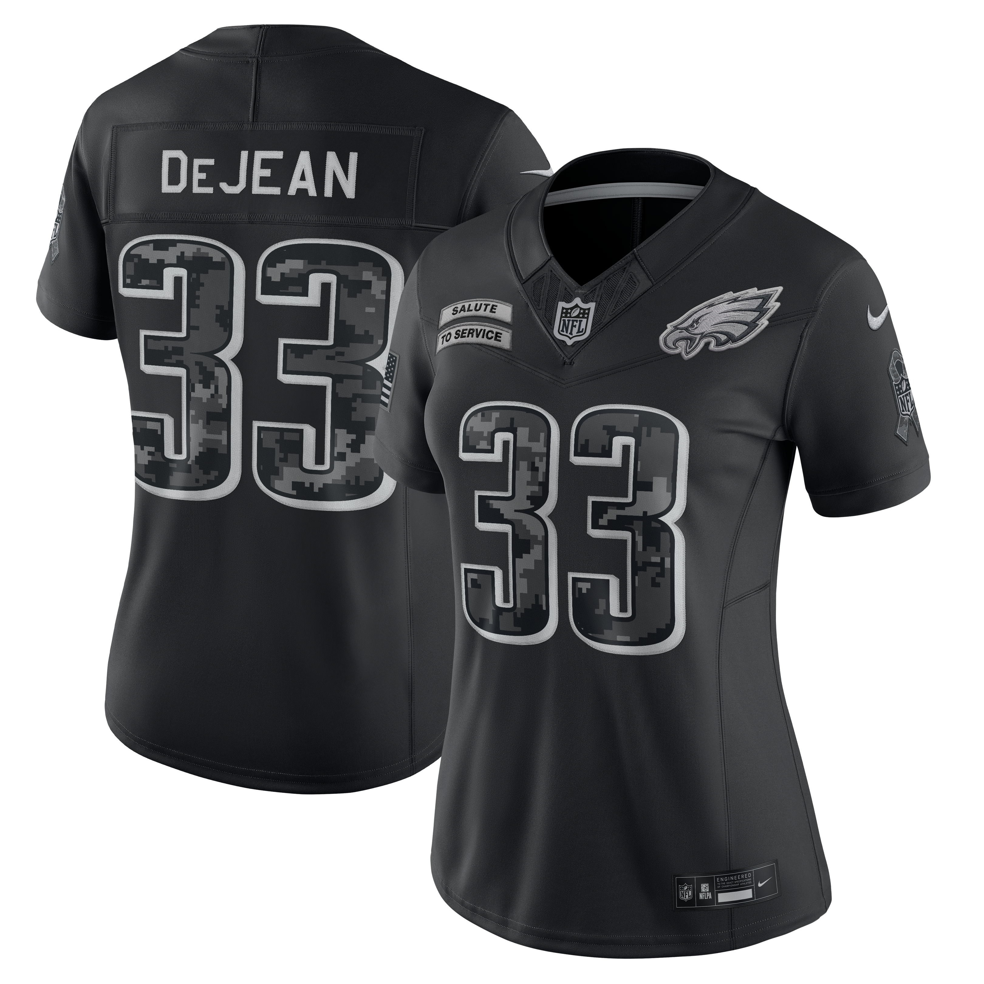 Maillot Nike Cooper DeJean noir Philadelphia Eagles 2026 Salute to Service pour femme, édition limitée cousue