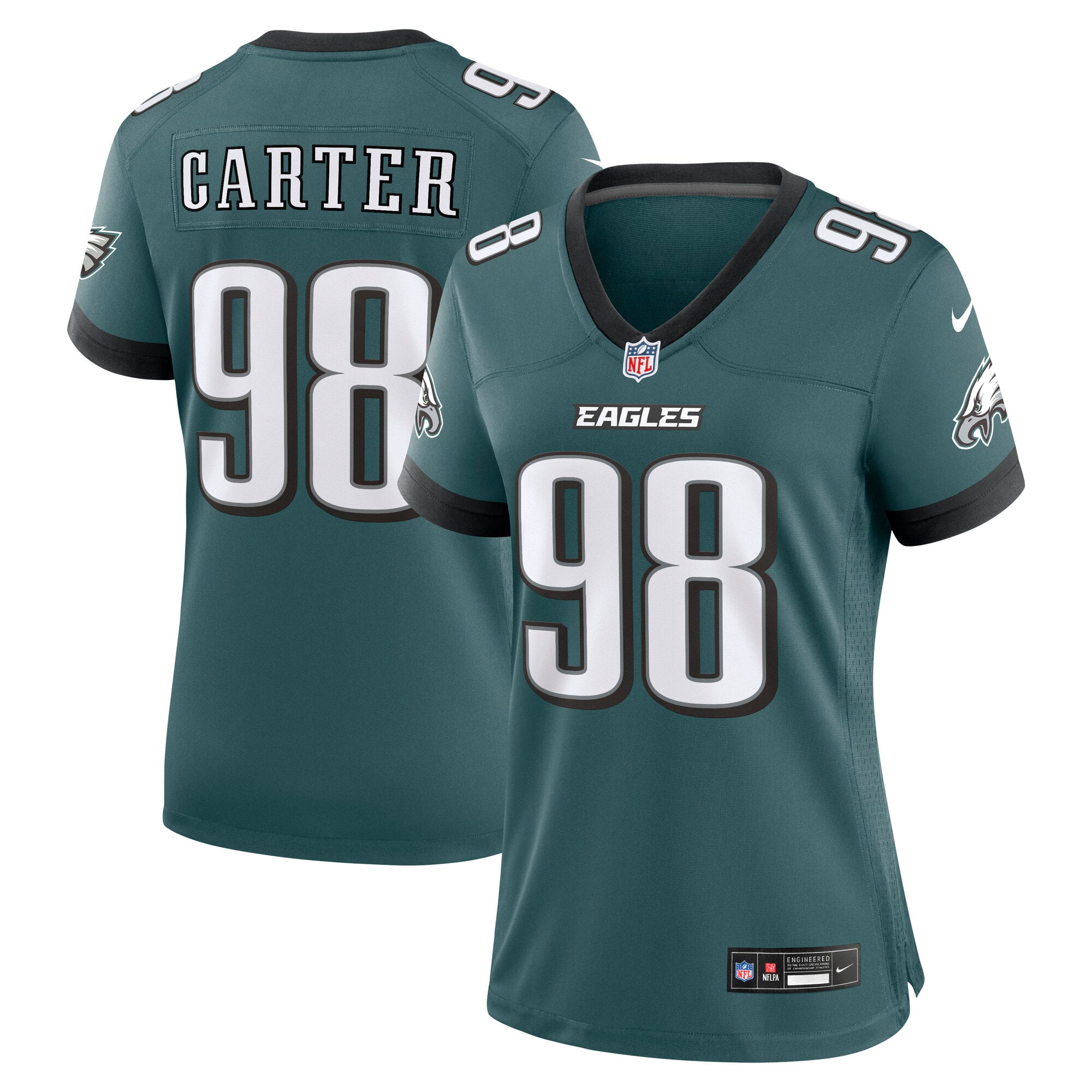 Maillot de match Nike Jalen Carter vert nuit pour femme, Philadelphia Eagles