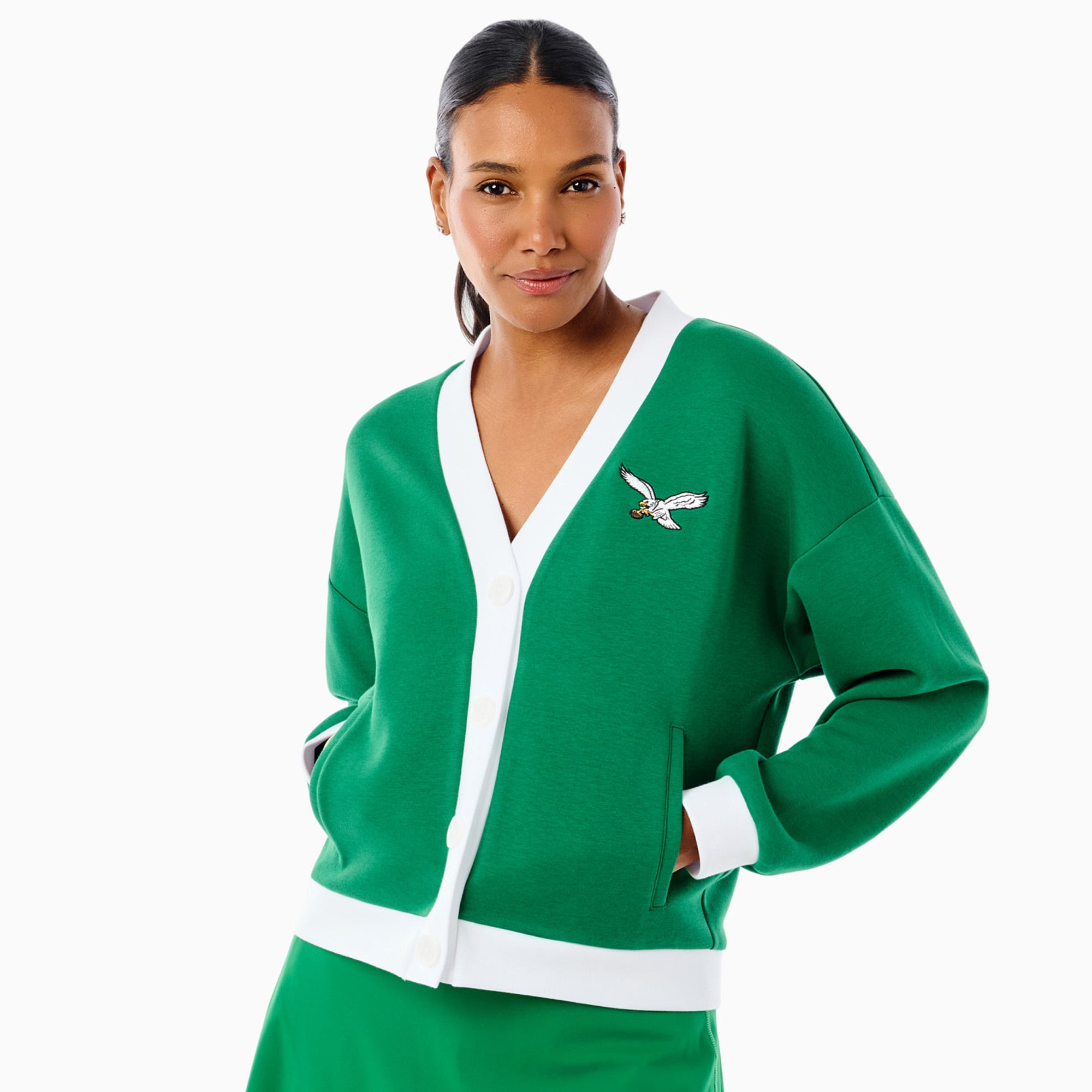 Gilet Abbott vert Kelly à boutons en mélange de trois matières, collection Philadelphia Eagles x Addison Bay pour femme