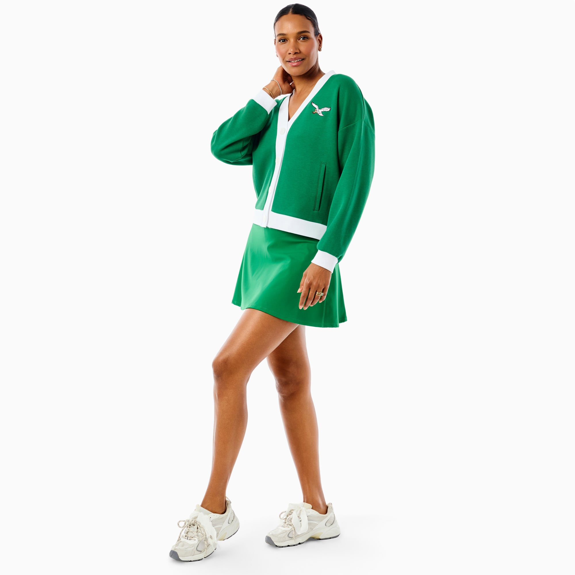 Gilet Abbott vert Kelly à boutons en mélange de trois matières, collection Philadelphia Eagles x Addison Bay pour femme