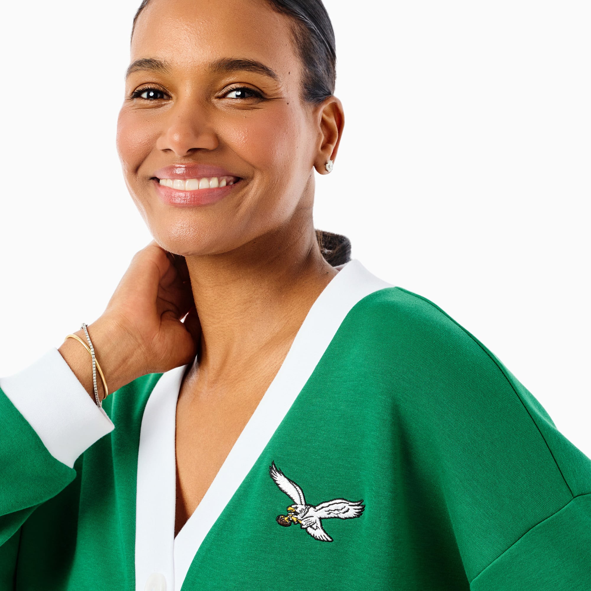 Gilet Abbott vert Kelly à boutons en mélange de trois matières, collection Philadelphia Eagles x Addison Bay pour femme