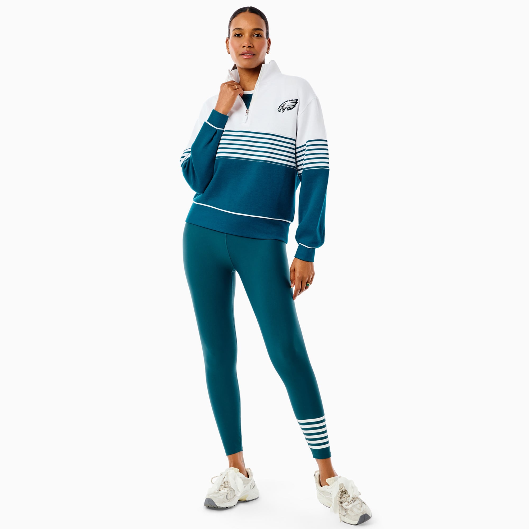 Pull-over à col zippé pour femme Philadelphia Eagles x Addison Bay, vert nuit et blanc, style universitaire, en mélange de trois matières.