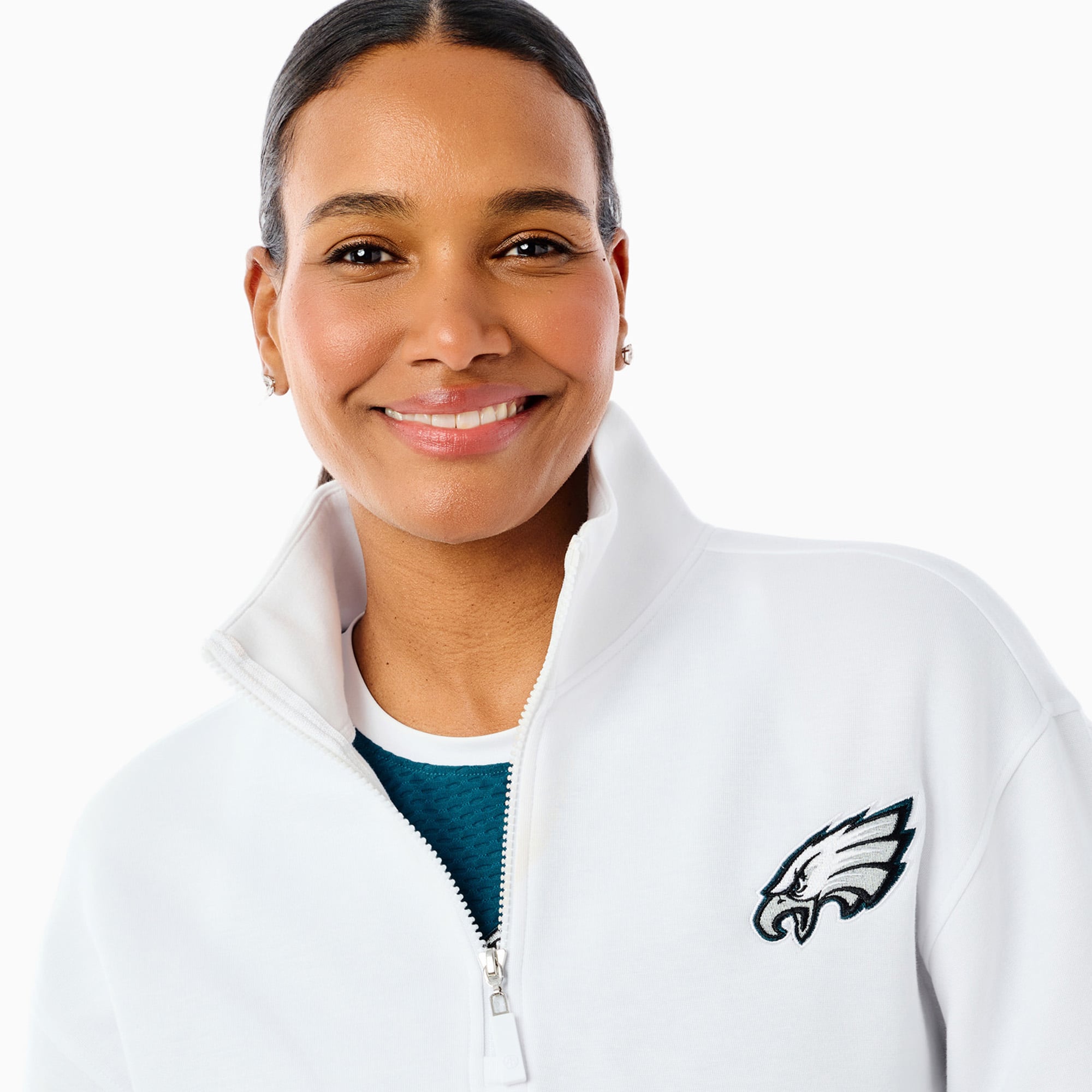 Pull-over à col zippé pour femme Philadelphia Eagles x Addison Bay, vert nuit et blanc, style universitaire, en mélange de trois matières.