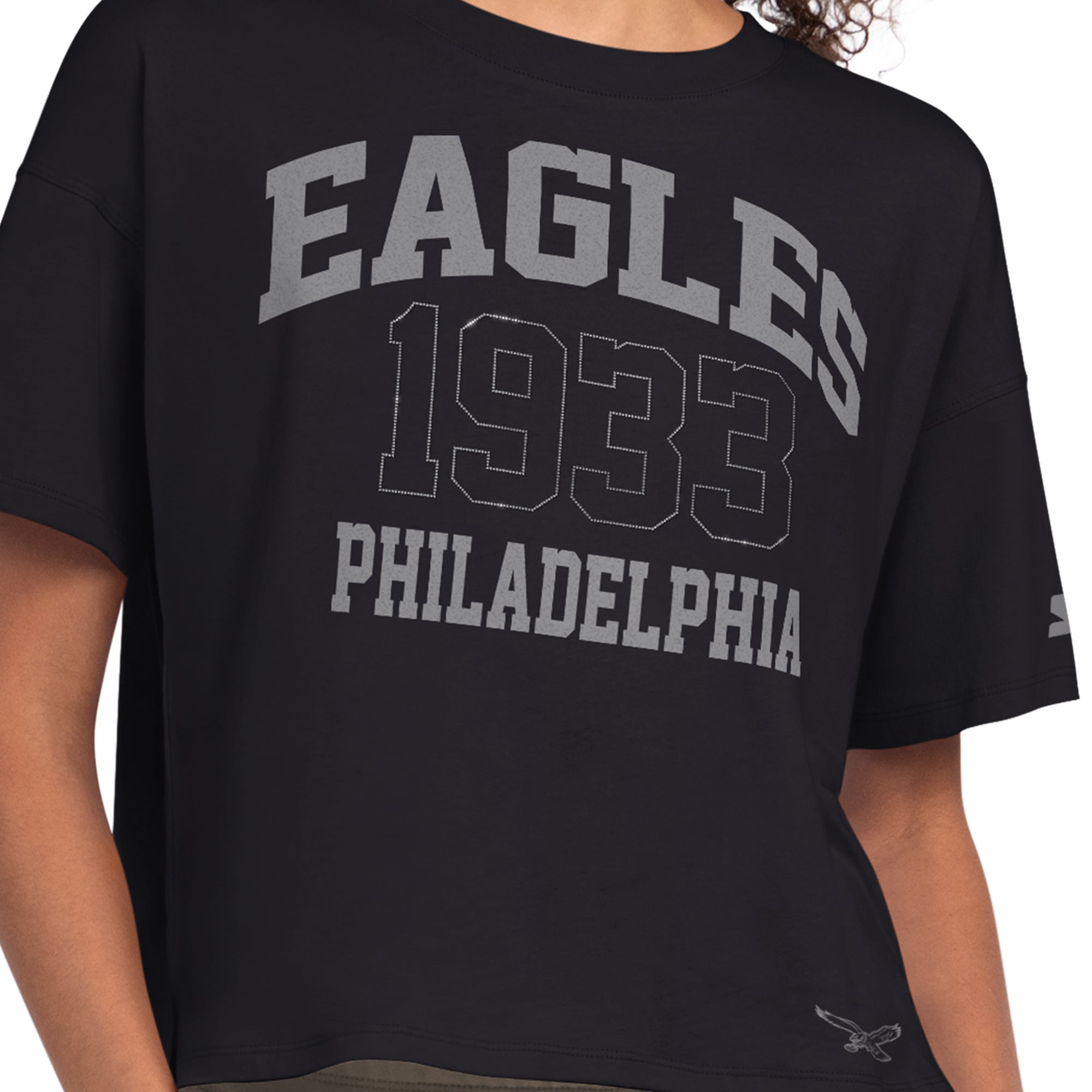 T-shirt court à strass noir Starter Philadelphia Eagles pour femme