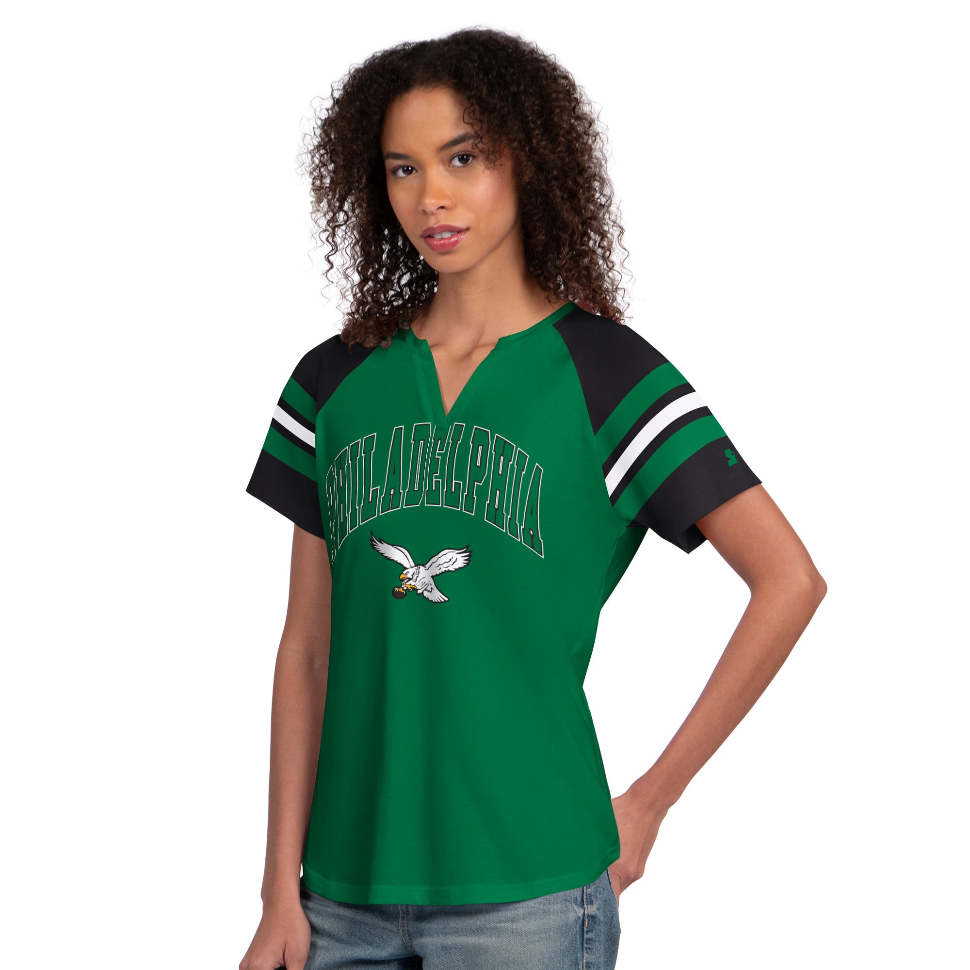 T-shirt raglan à col cranté Starter Kelly Green Philadelphia Eagles pour femme
