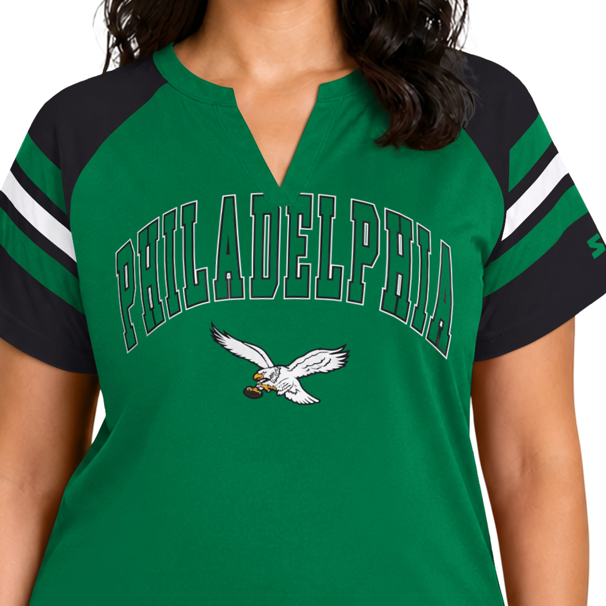 T-shirt raglan à col cranté Starter Kelly Green pour femme, Philadelphia Eagles, grande taille, style rétro.