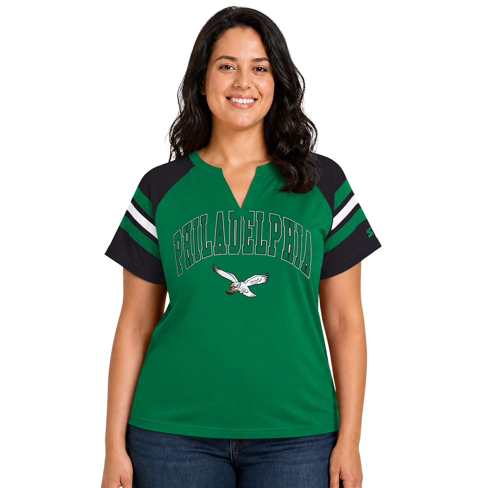 T-shirt raglan à col cranté Starter Kelly Green pour femme, Philadelphia Eagles, grande taille, style rétro.