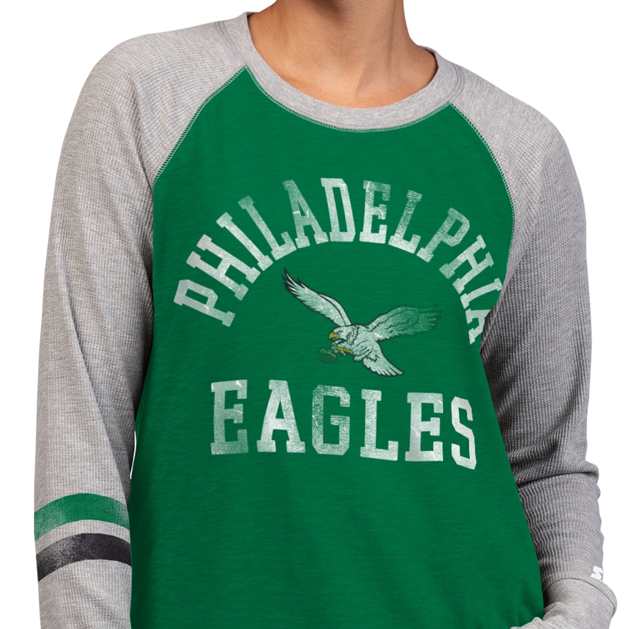 T-shirt à manches longues raglan Starter vert Kelly/gris Philadelphia Eagles, style rétro, en maille gaufrée.