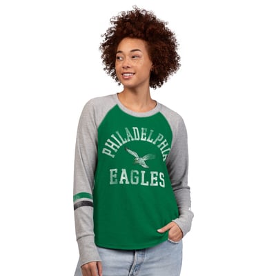  Philadelphia Eagles Starter Women's Throwback Waffle-Knit Raglan Long Sleeve T-Shirt - Kelly Green/Gray