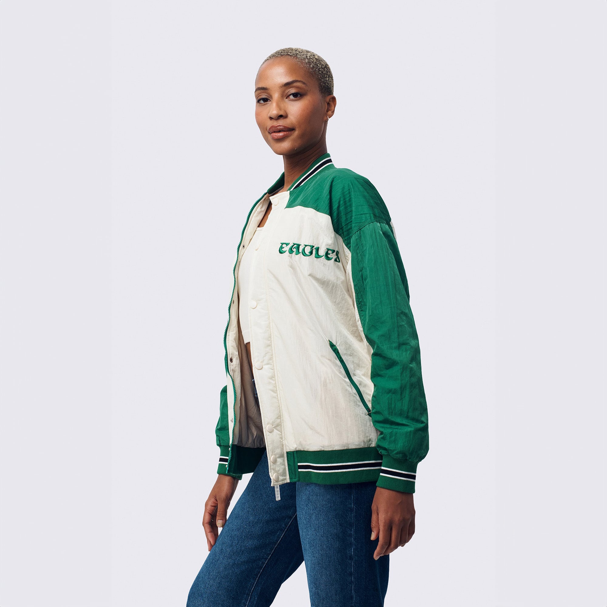 Veste bomber zippée Terez blanche Philadelphia Eagles pour femme
