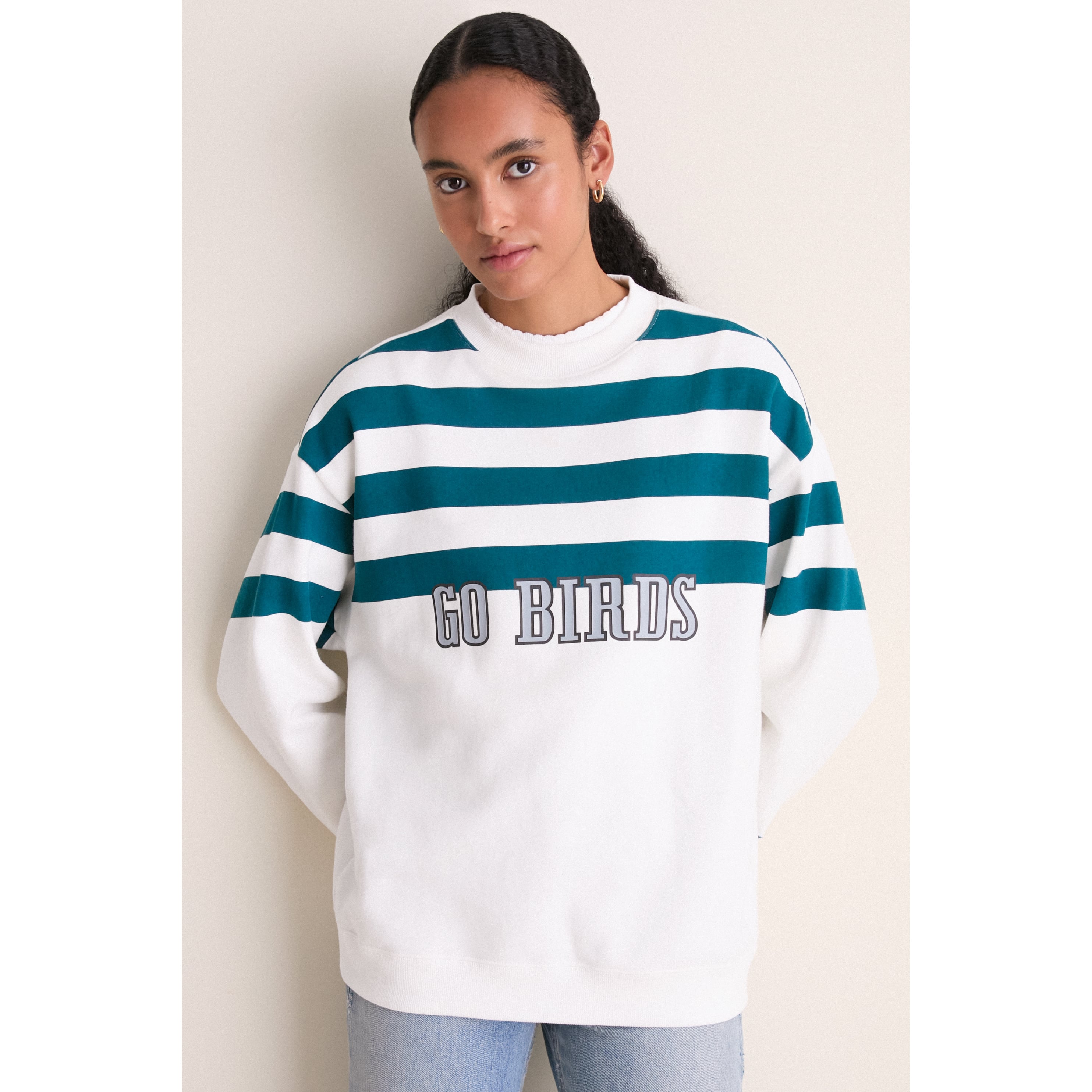 Sweat-shirt rayé blanc/vert nuit Tuckernuck pour femme, motif Eagles de Philadelphie