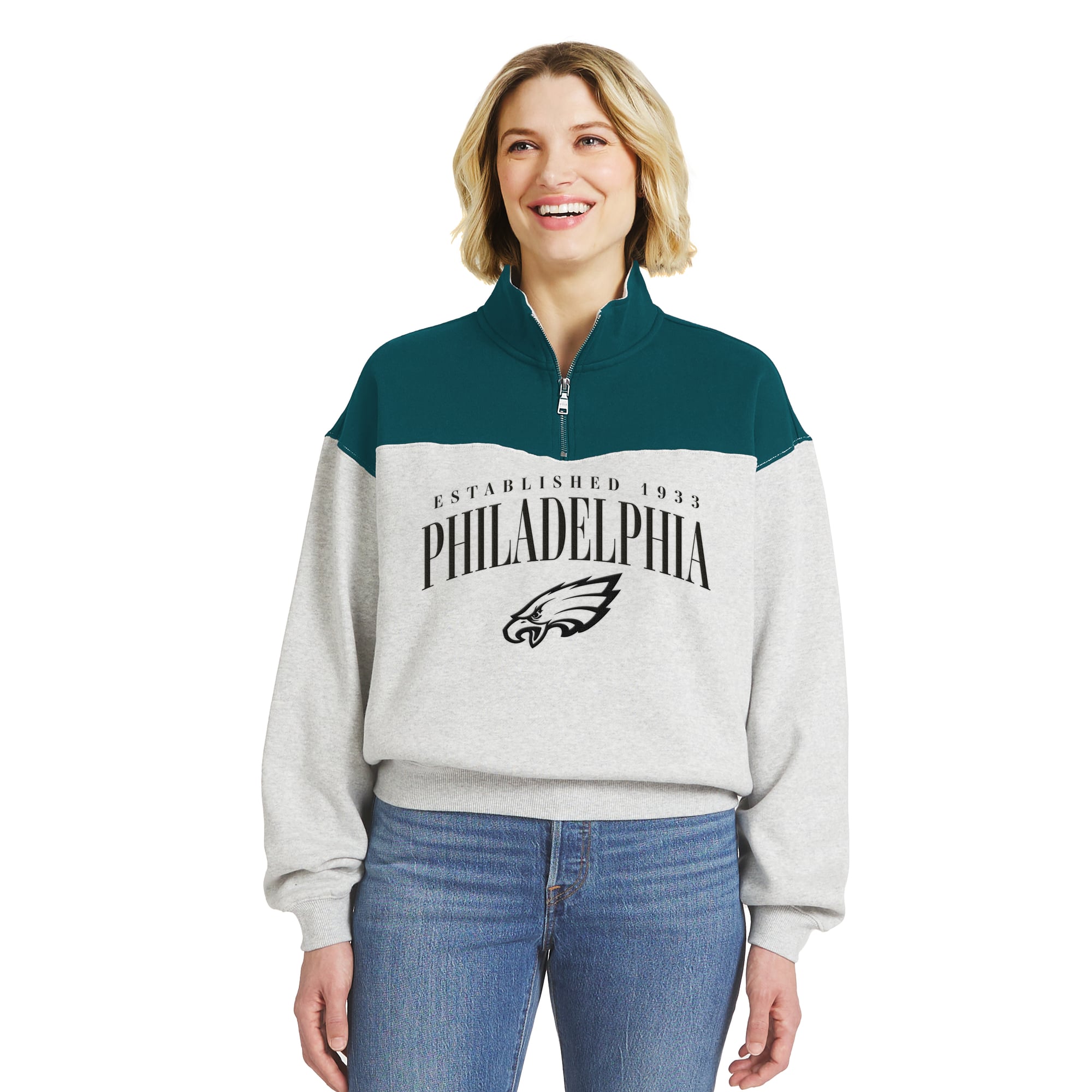 Pull à demi-zip colorblock gris chiné Philadelphia Eagles de la marque WEAR by Erin Andrews pour femme