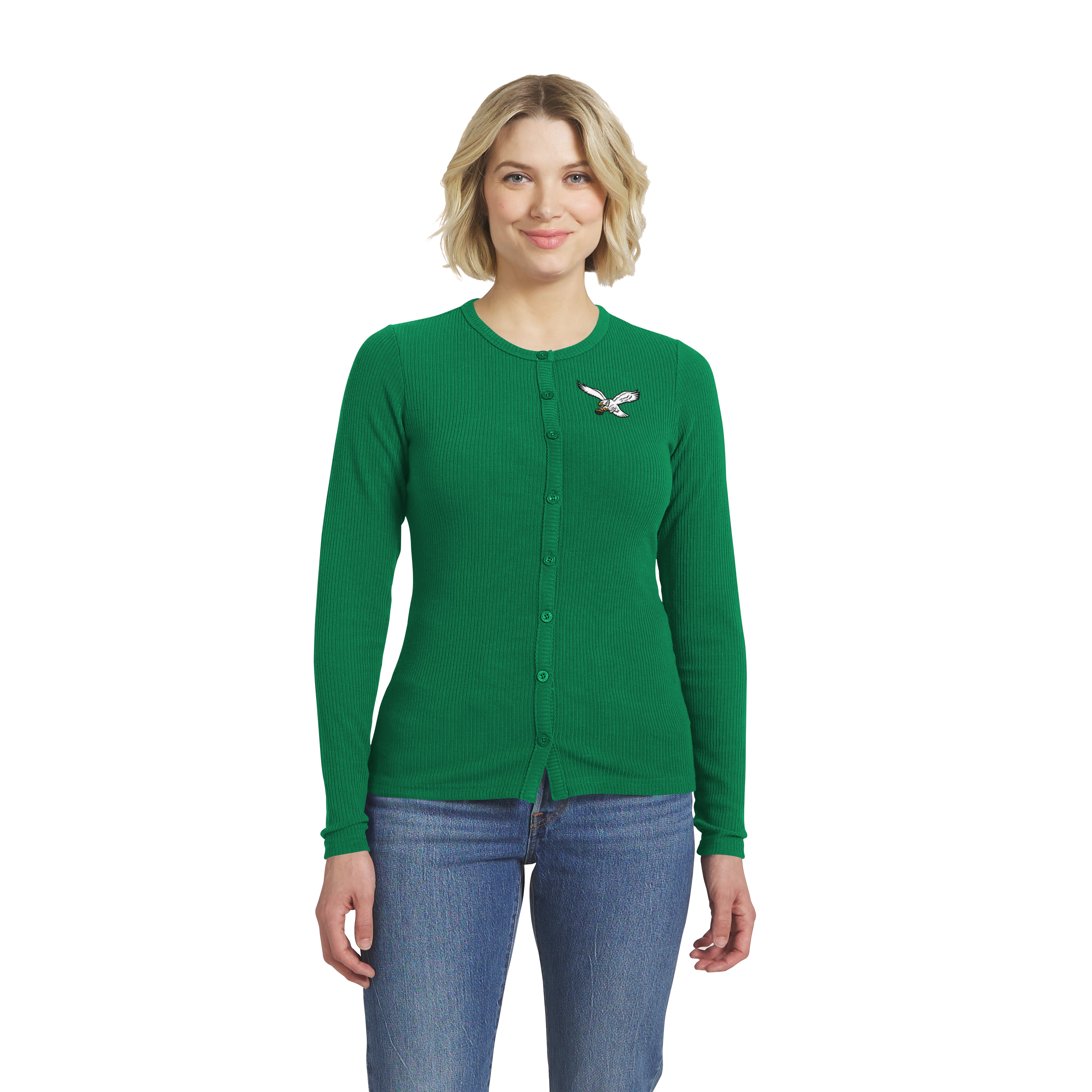 Women's WEAR by Erin Andrews Kelly Green Philadelphia Eagles Ribbed Full-Button Cardigan Sweater