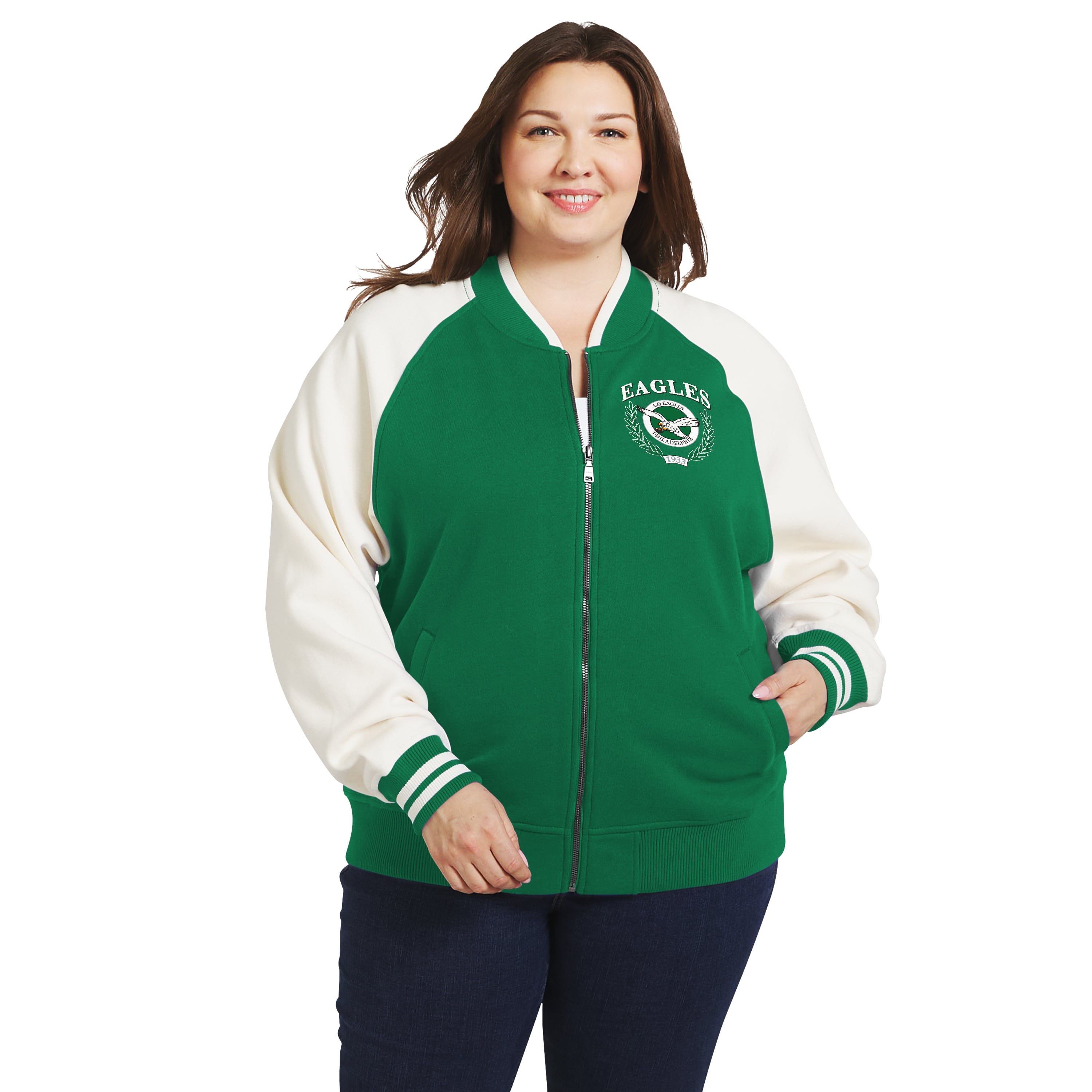 Women's WEAR by Erin Andrews Kelly Green/White Philadelphia Eagles Throwback Plus Fleece Varsity Full-Zip Jacket