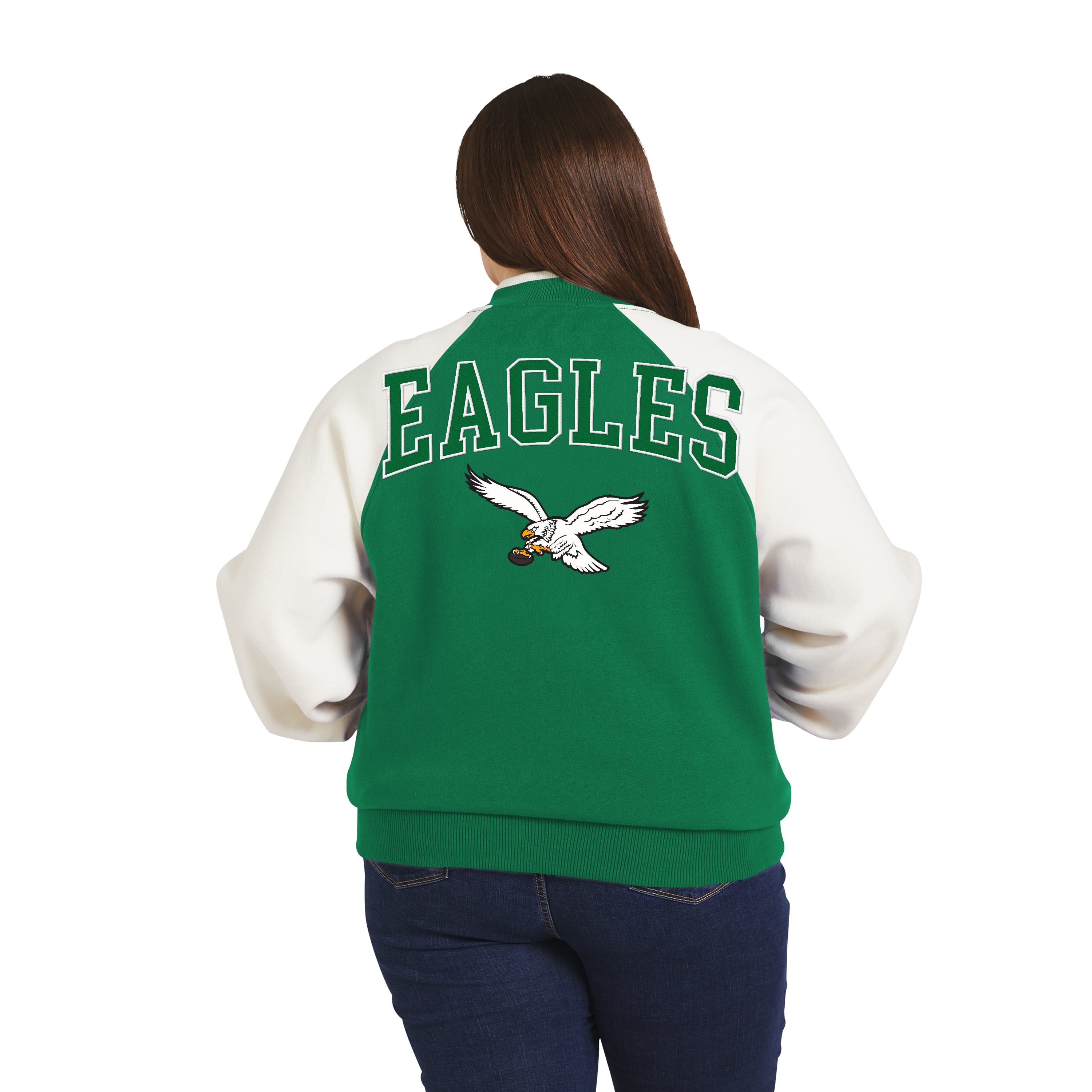 Women's WEAR by Erin Andrews Kelly Green/White Philadelphia Eagles Throwback Plus Fleece Varsity Full-Zip Jacket