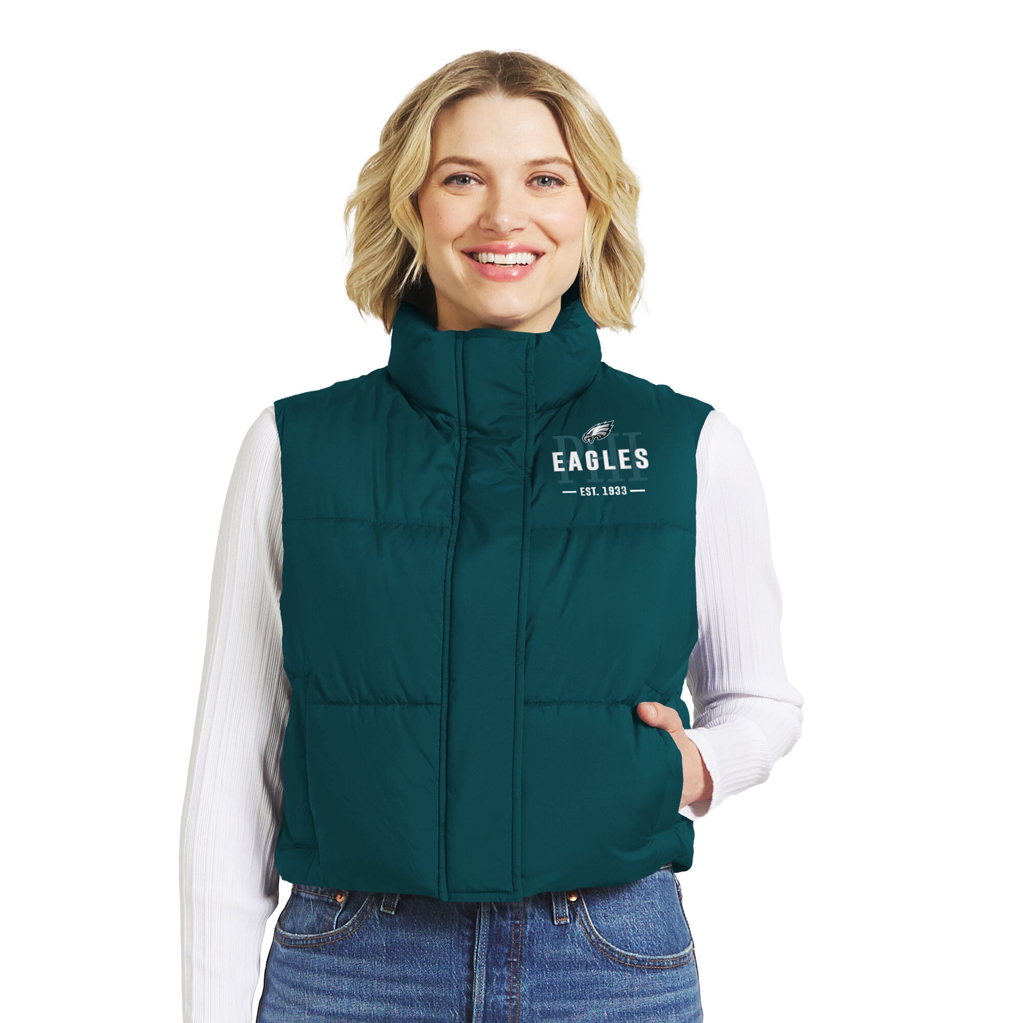Gilet matelassé court zippé vert Philadelphia Eagles de la marque WEAR by Erin Andrews pour femmes