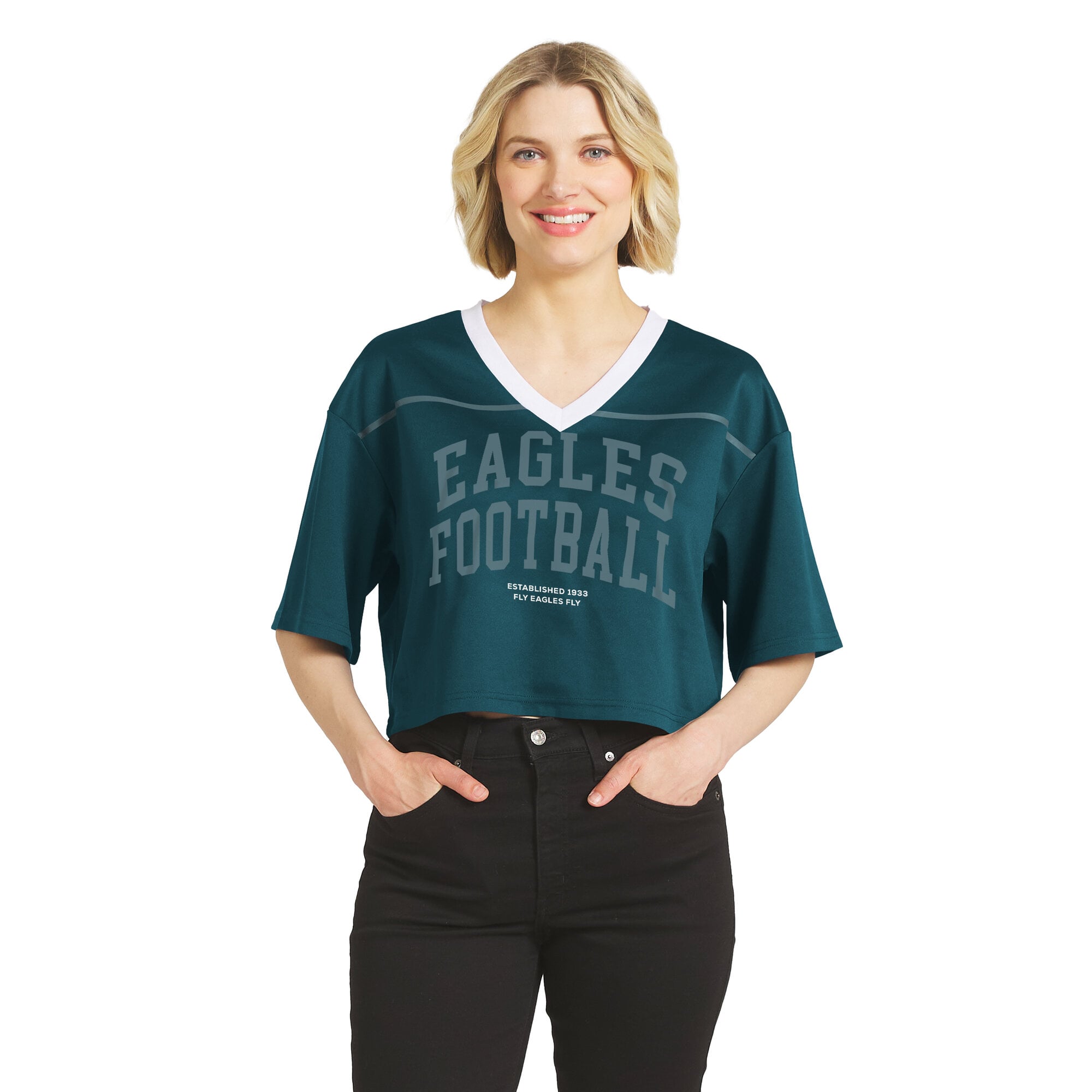 Women's WEAR by Erin Andrews  Midnight Green Philadelphia Eagles Cropped V-Neck Jersey T-Shirt