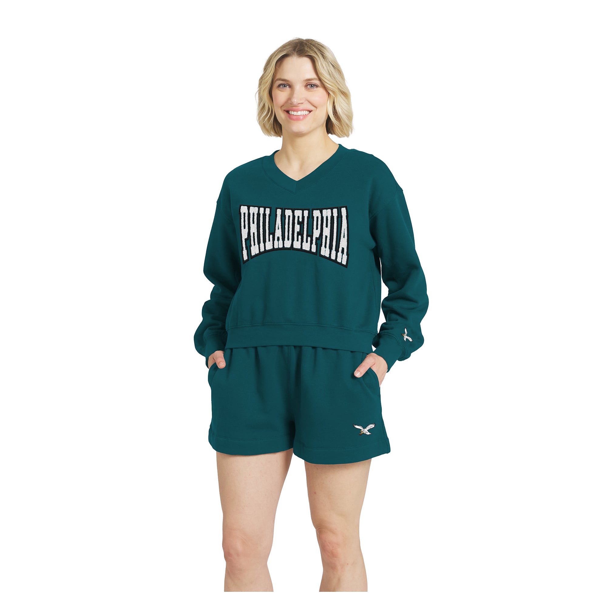Women's WEAR by Erin Andrews Midnight Green Philadelphia Eagles Fleece V-Neck Lounge Set