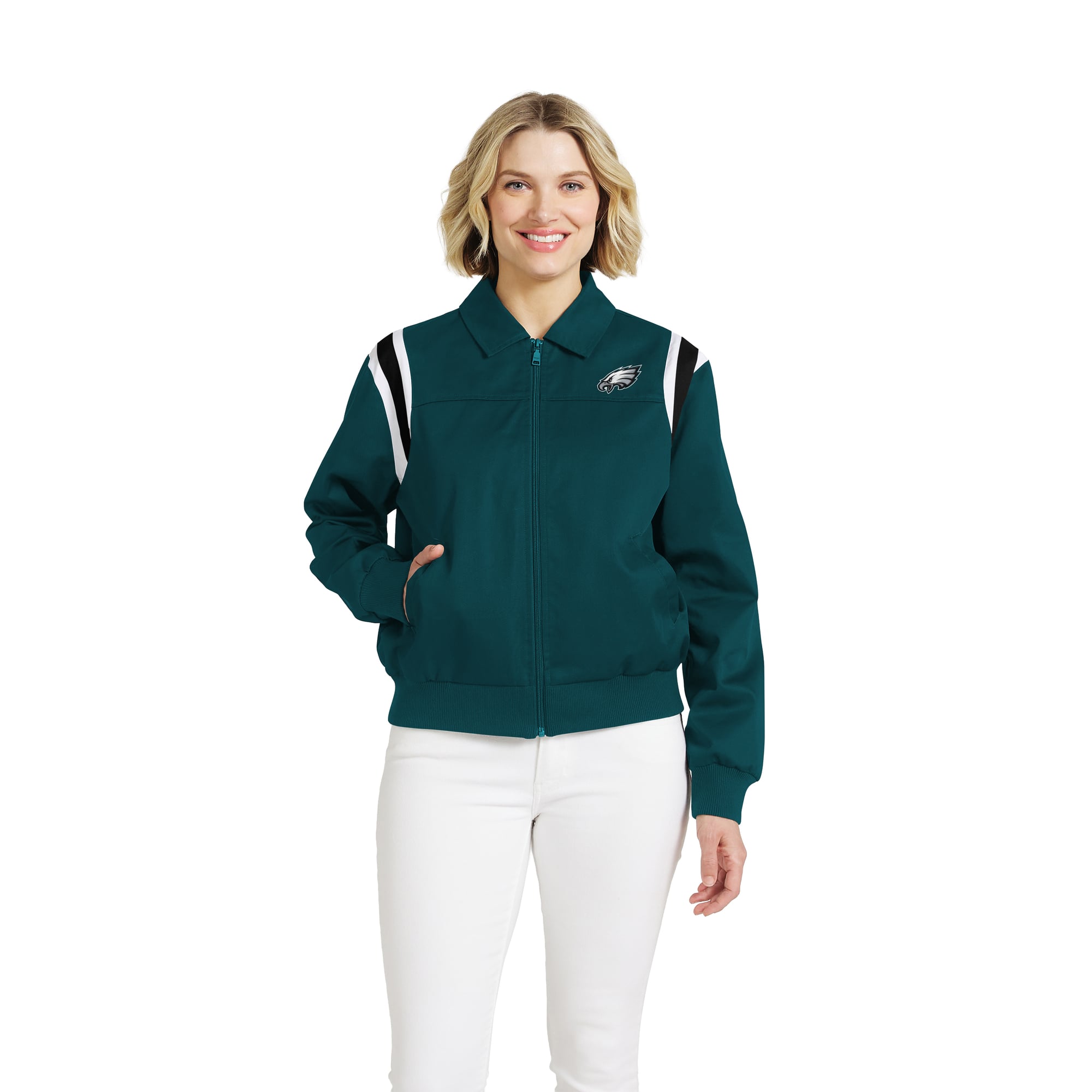 Veste zippée intégrale en sergé à rayures sur les épaules, vert nuit, de la marque WEAR by Erin Andrews pour femme.