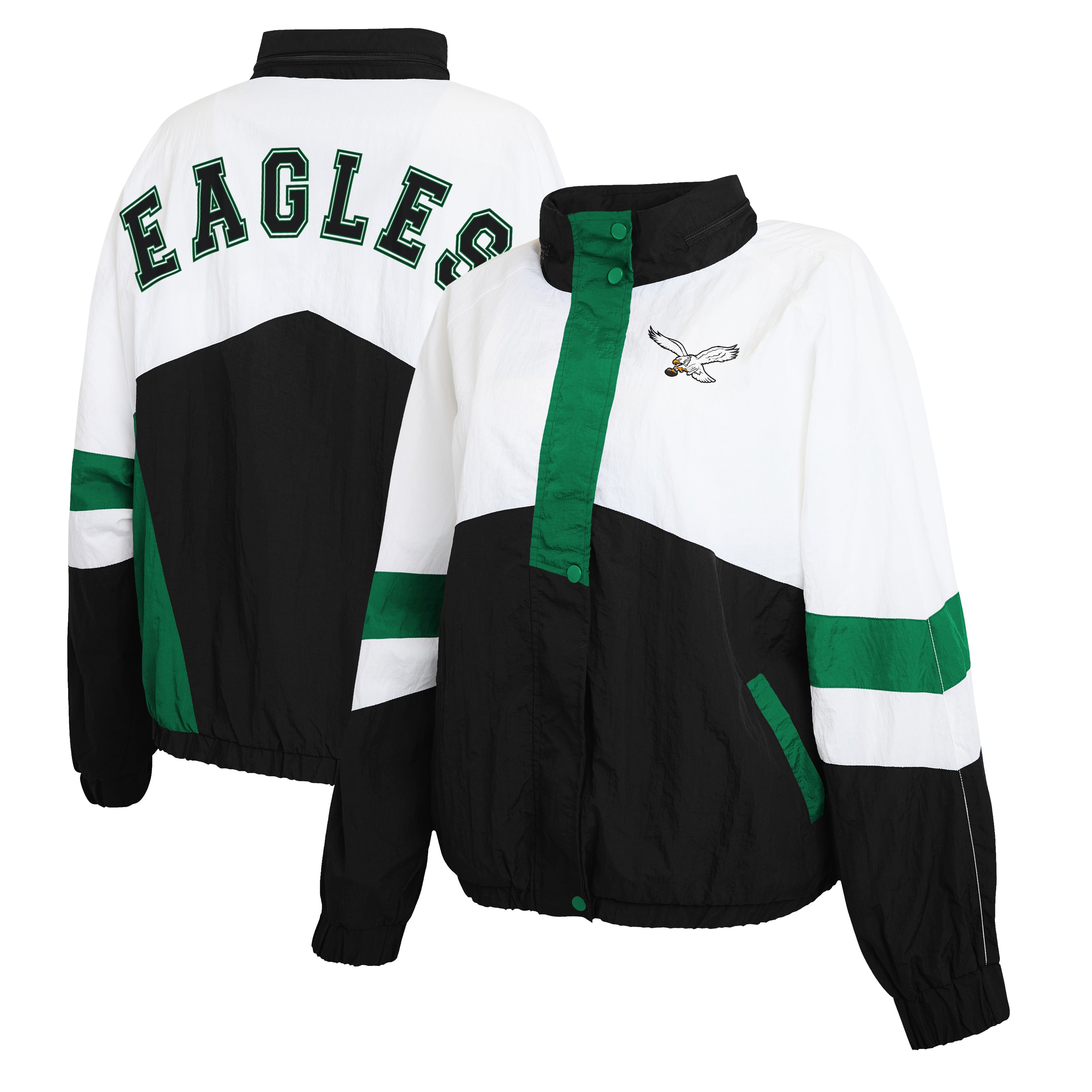 Women's WEAR by Erin Andrews  White/Black Philadelphia Eagles Plus Crinkle Full-Snap Hooded Windbreaker Jacket