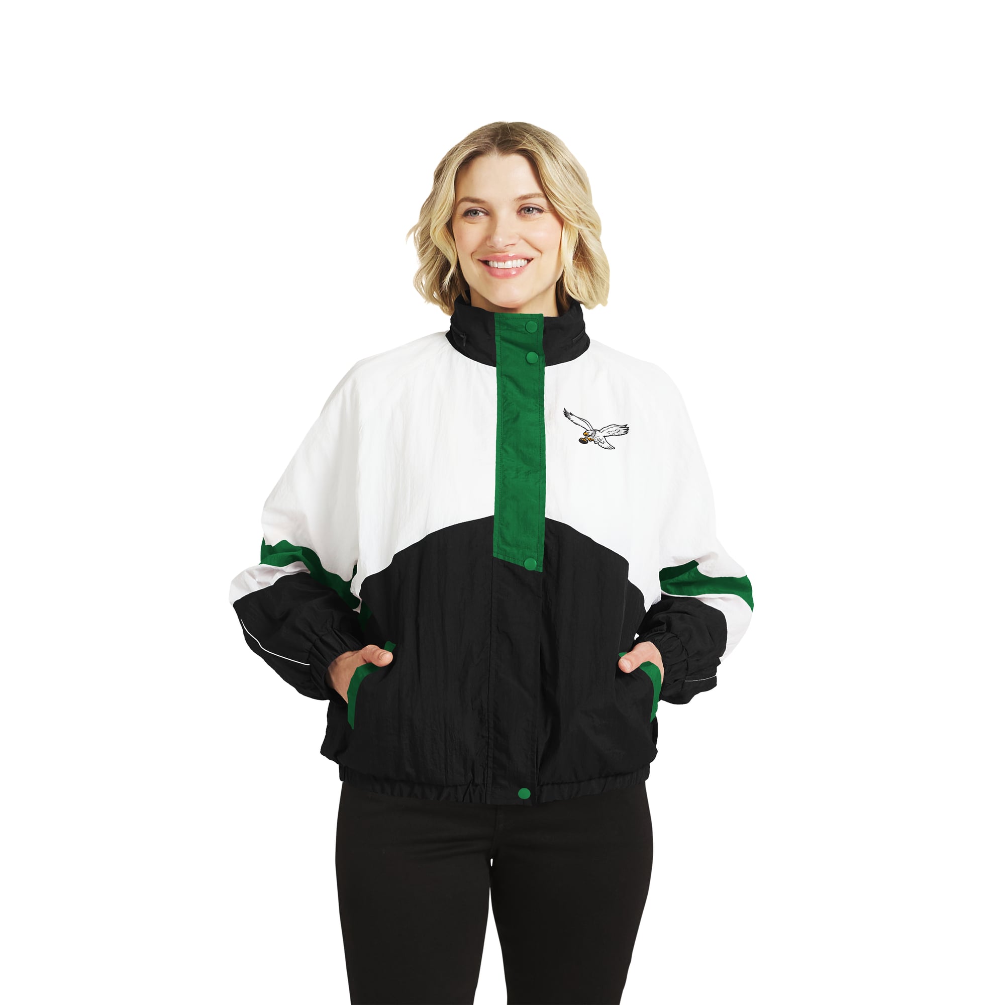 Women's WEAR by Erin Andrews  White/Black Philadelphia Eagles Throwback Crinkle Full-Snap Hooded Windbreaker Jacket