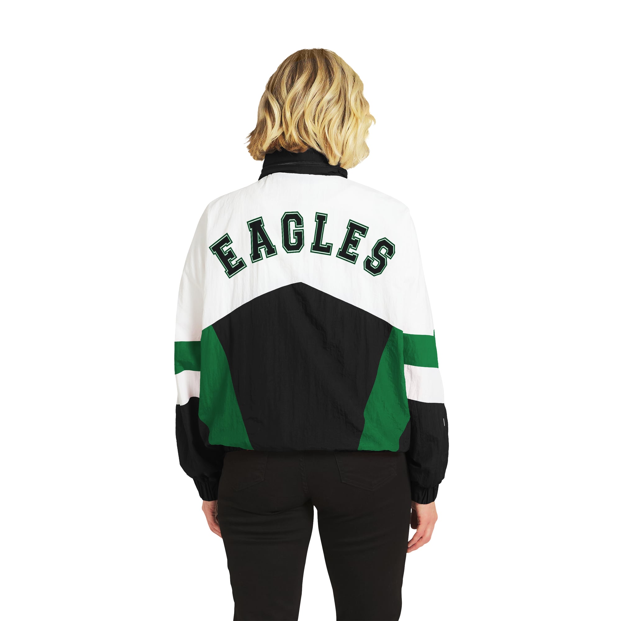 Women's WEAR by Erin Andrews  White/Black Philadelphia Eagles Throwback Crinkle Full-Snap Hooded Windbreaker Jacket