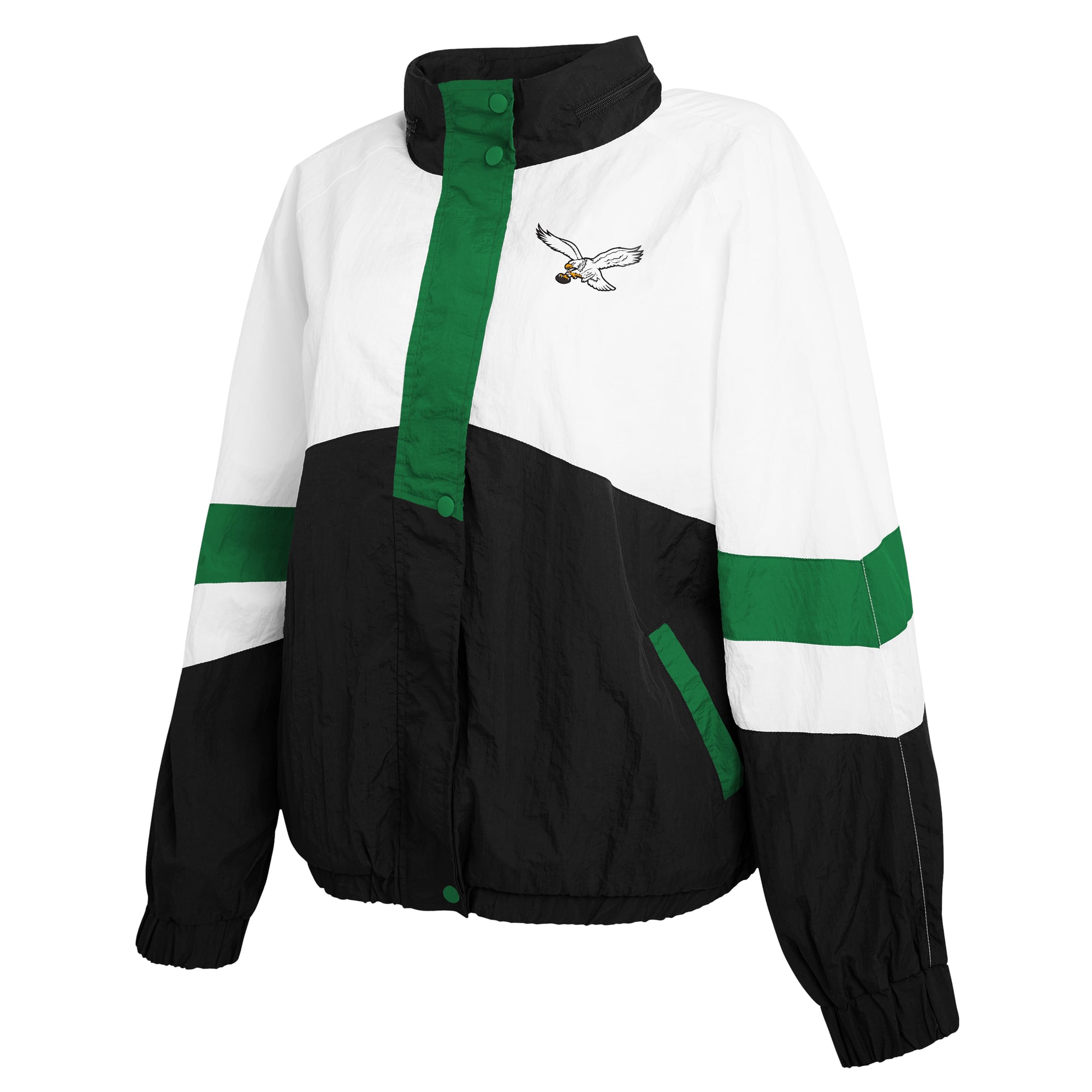 Women's WEAR by Erin Andrews  White/Black Philadelphia Eagles Throwback Crinkle Full-Snap Hooded Windbreaker Jacket