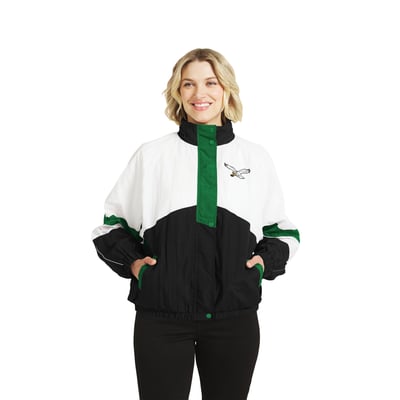  Philadelphia Eagles WEAR by Erin Andrews Women's Throwback Crinkle Full-Snap Hooded Windbreaker Jacket - White/Black