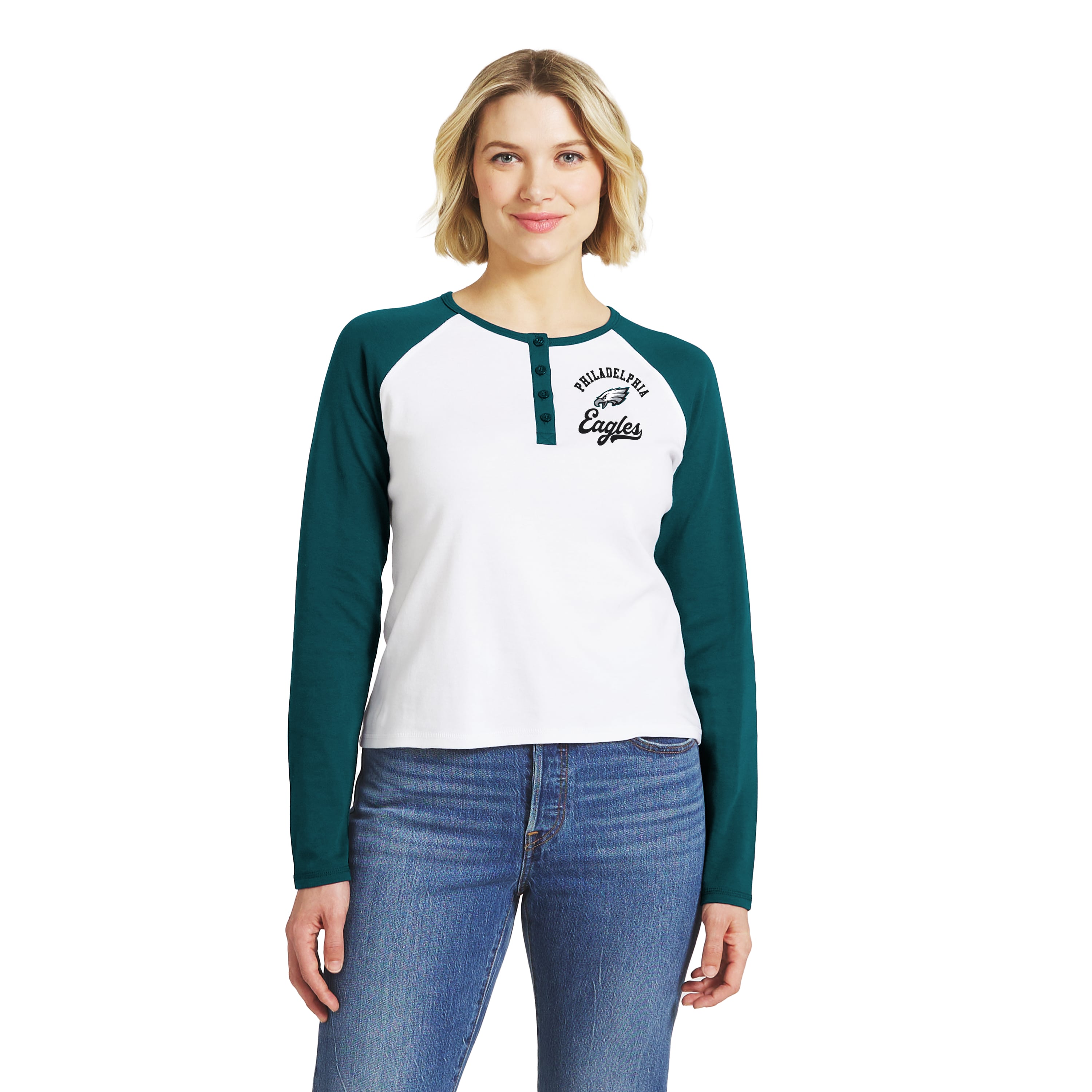 Women's WEAR by Erin Andrews White/Midnight Green Philadelphia Eagles Henley Long Sleeve Raglan T-Shirt