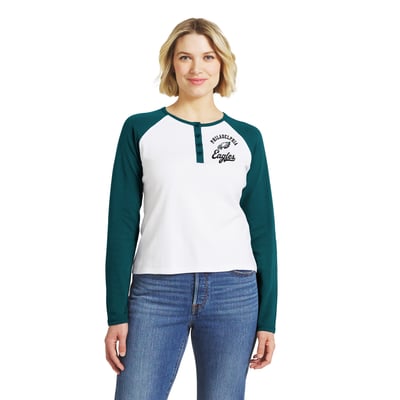  Philadelphia Eagles WEAR by Erin Andrews Women's Henley Long Sleeve Raglan T-Shirt - White/Midnight Green