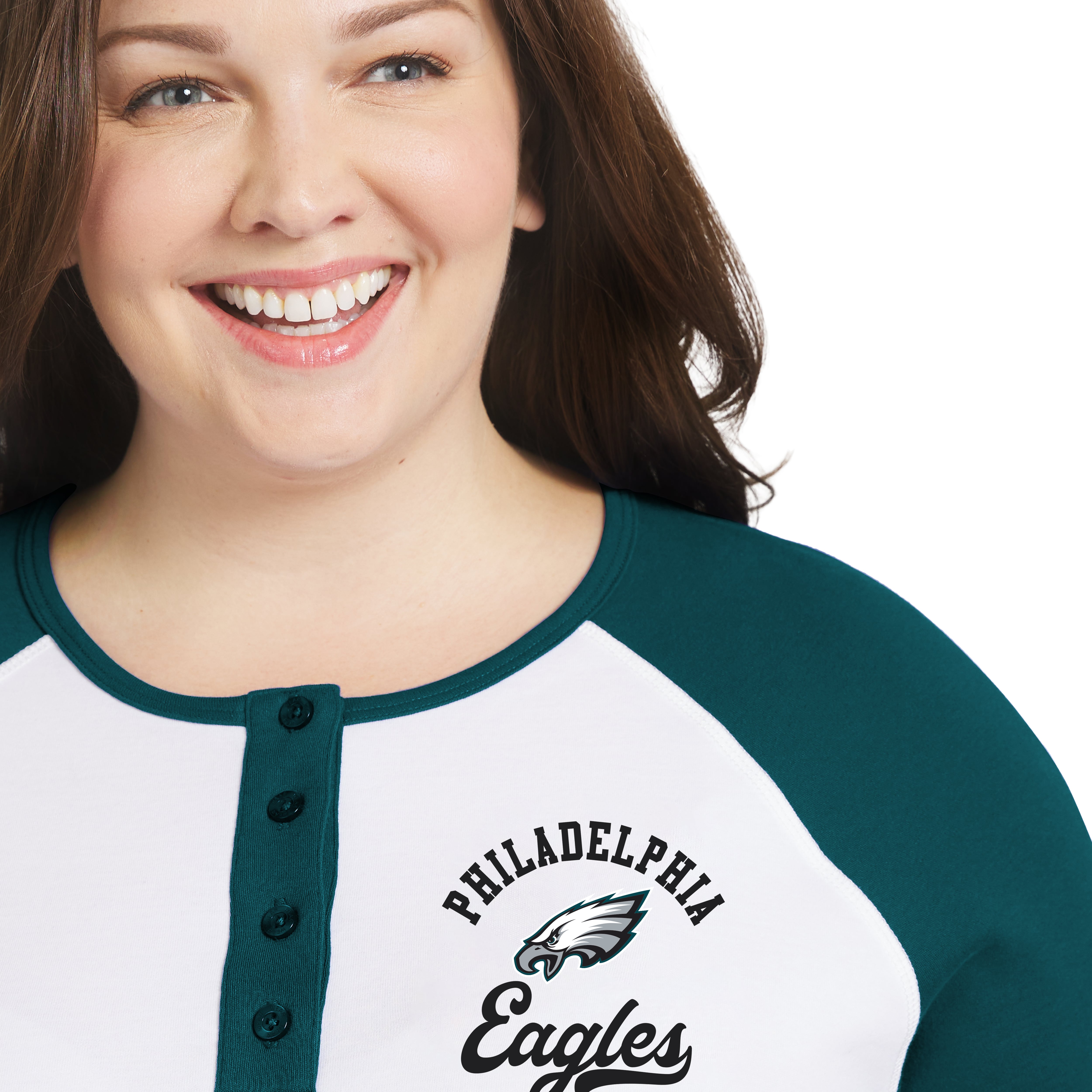 Women's WEAR by Erin Andrews White/Midnight Green Philadelphia Eagles Plus Henley Long Sleeve Raglan T-Shirt