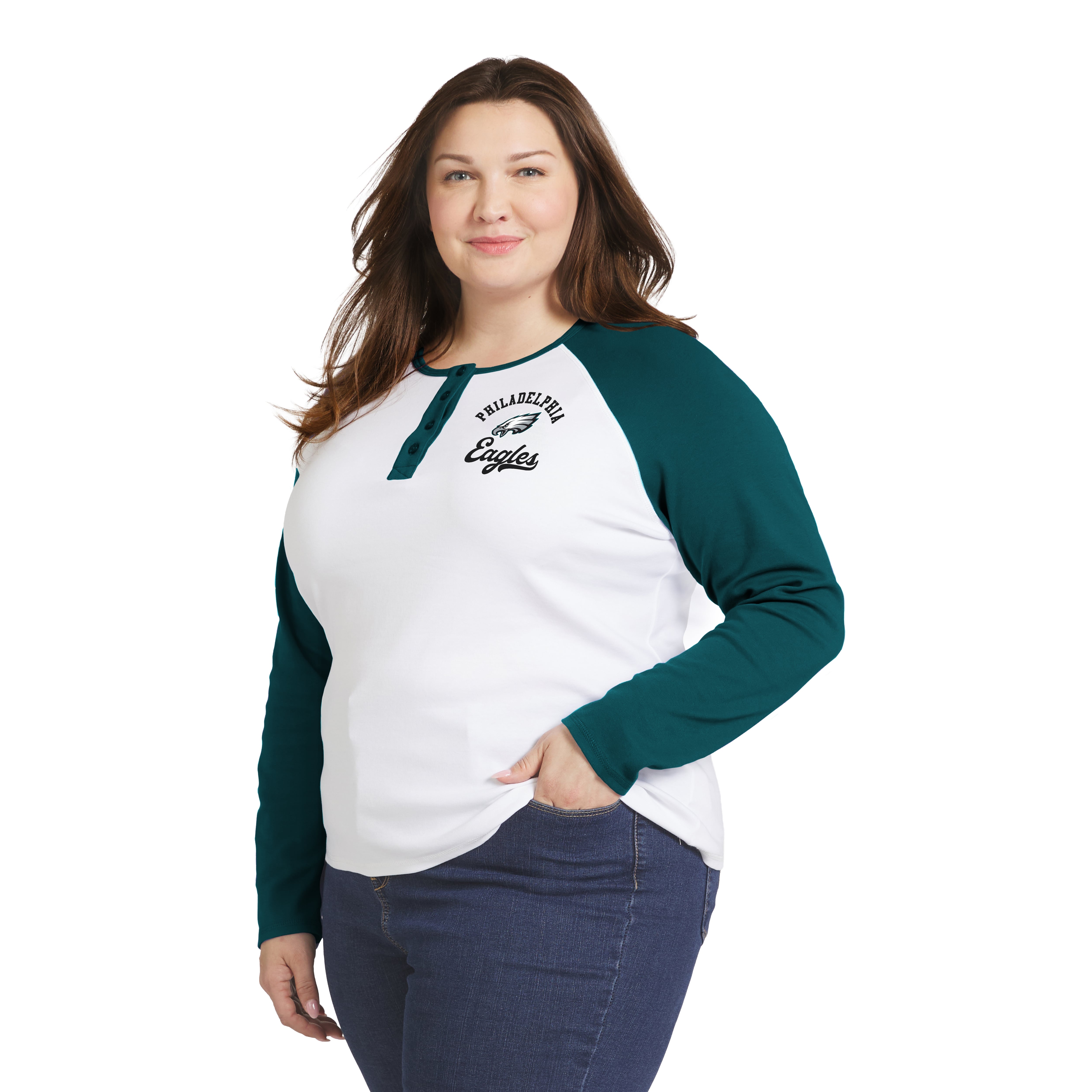 Women's WEAR by Erin Andrews White/Midnight Green Philadelphia Eagles Plus Henley Long Sleeve Raglan T-Shirt