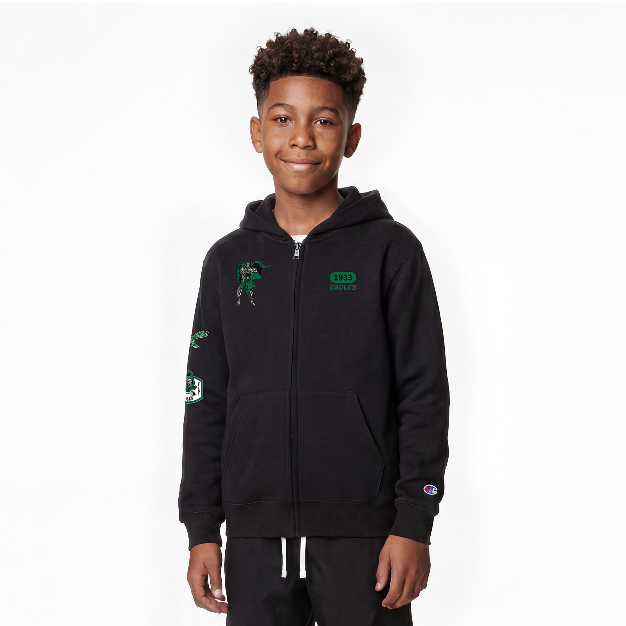 Sweat à capuche zippé Disney x Champion noir Philadelphia Eagles Doctor Doom pour enfant