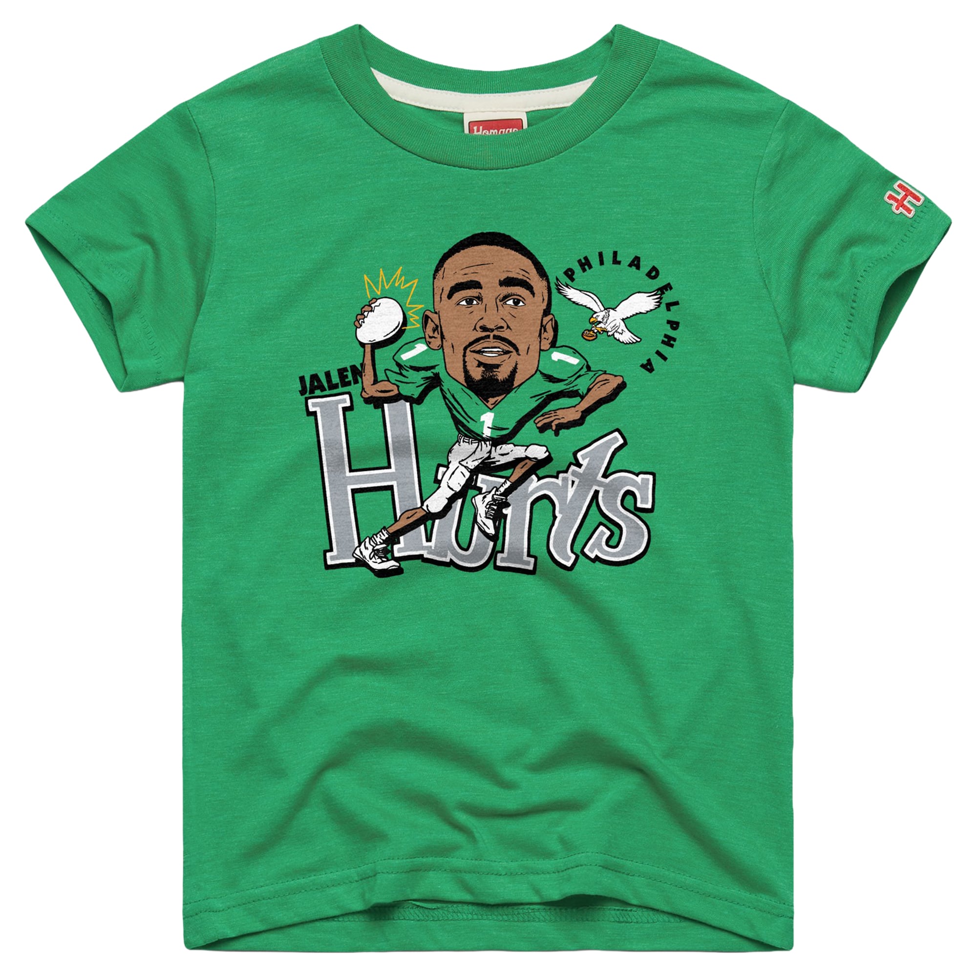 T-shirt caricature de Jalen Hurts Kelly Green des Eagles Philadelphie, hommage aux jeunes