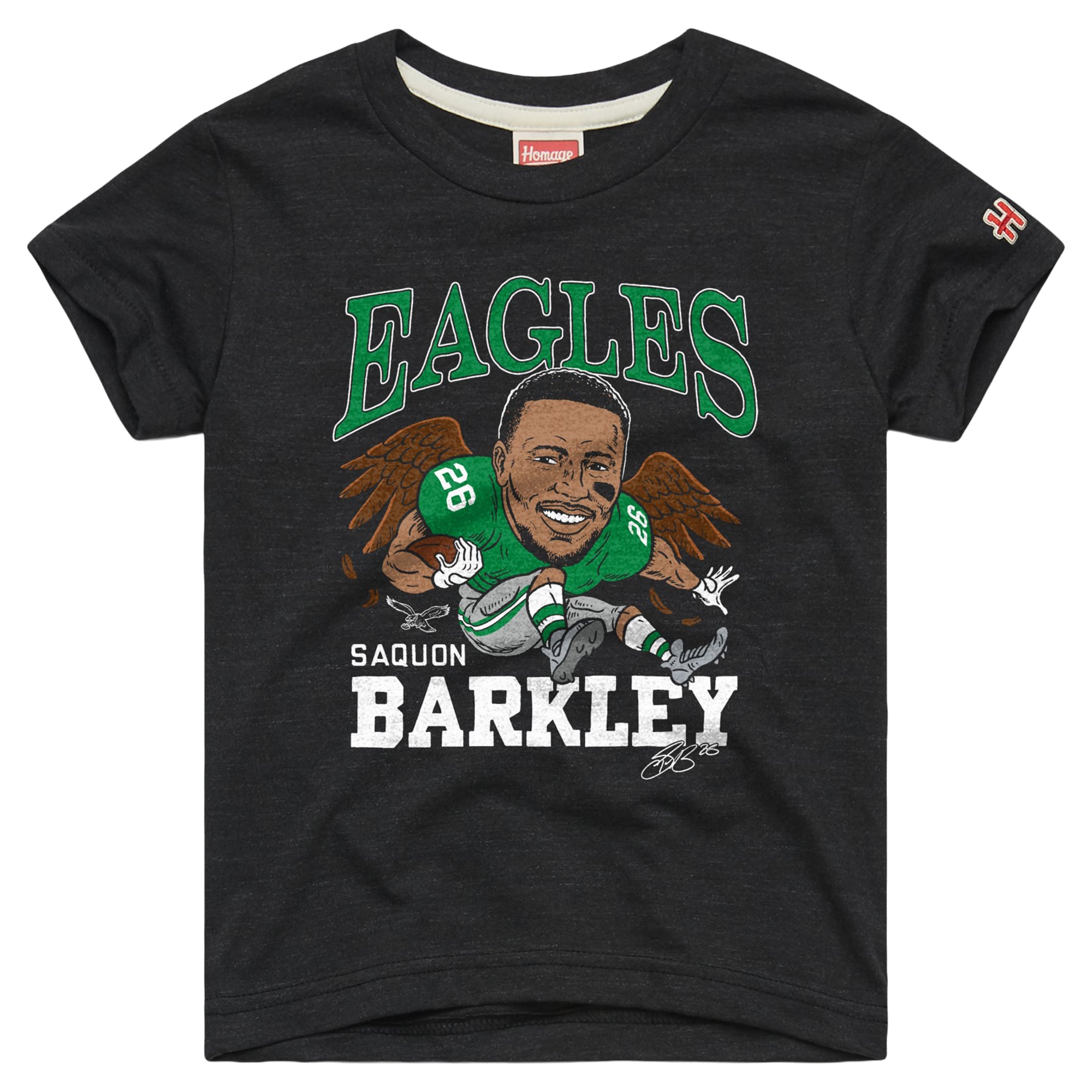 T-shirt caricature de Saquon Barkley Kelly Green des Eagles Philadelphie, hommage aux jeunes