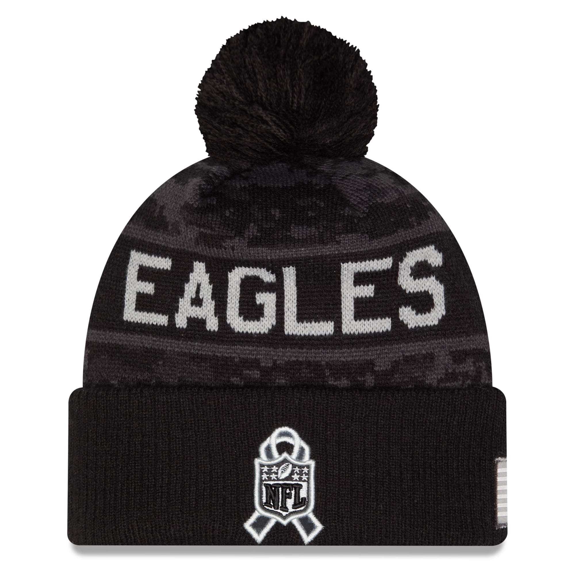 Bonnet à revers New Era noir Philadelphia Eagles 2026 Salute To Service pour jeunes, avec pompon