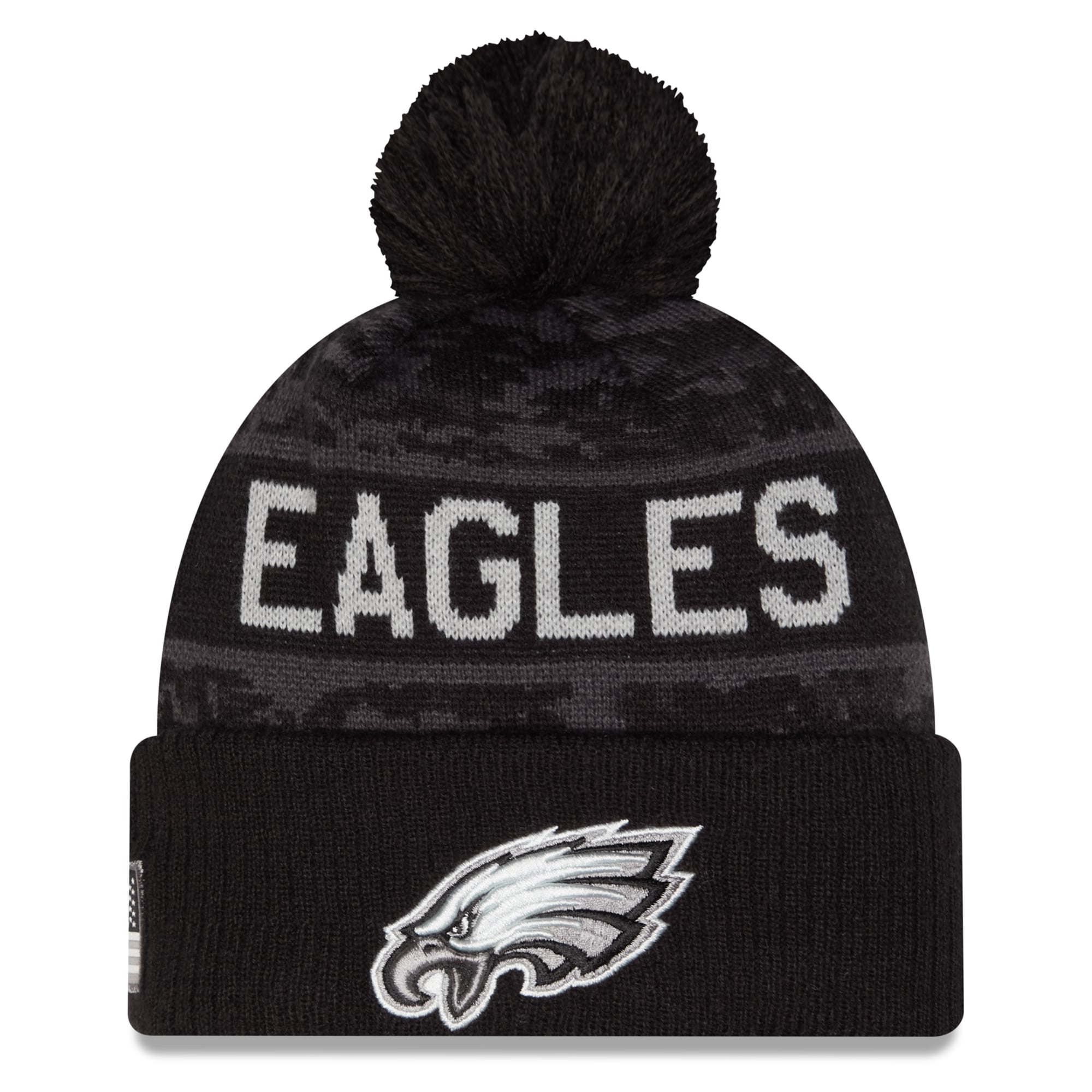Bonnet à revers New Era noir Philadelphia Eagles 2026 Salute To Service pour jeunes, avec pompon