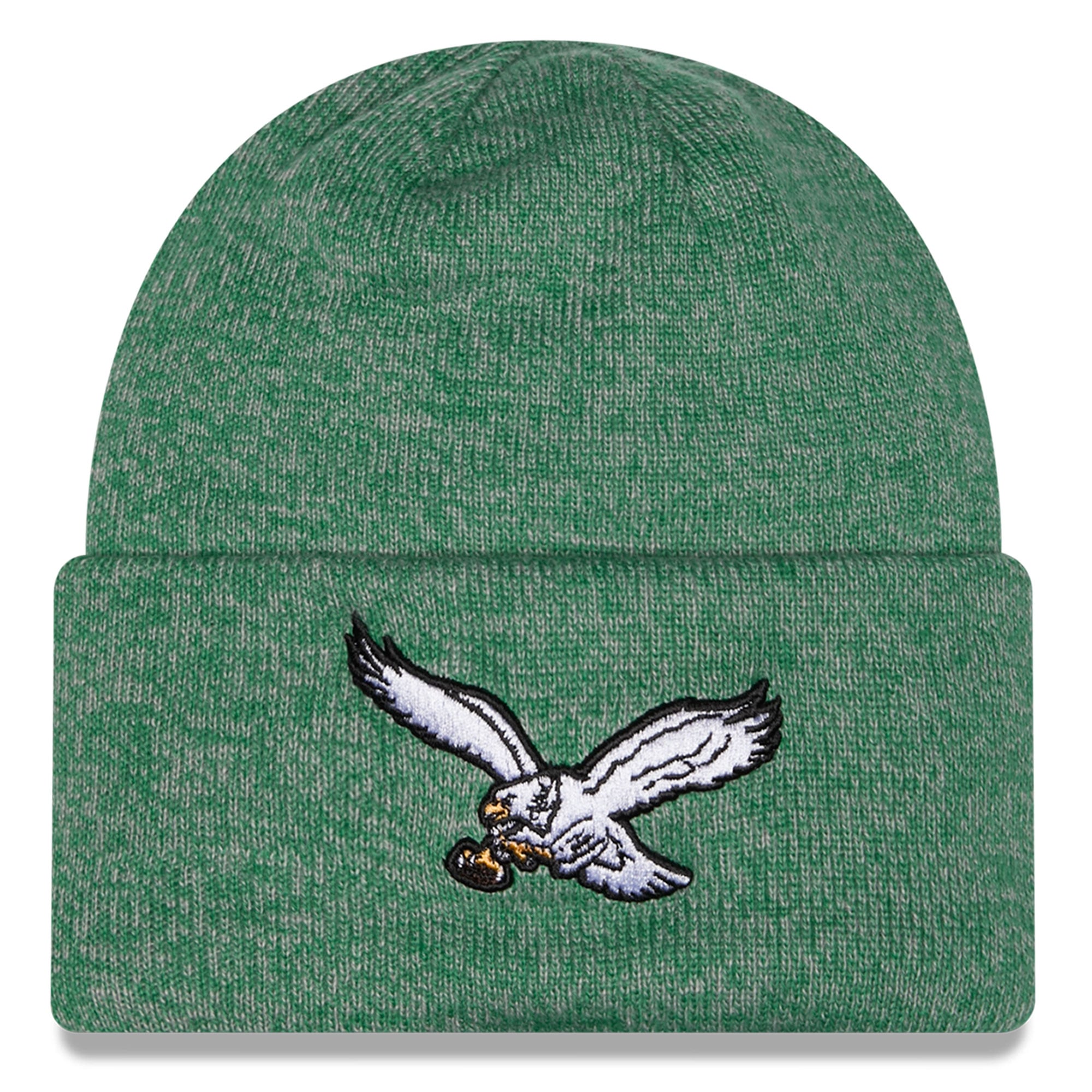 Bonnet à revers chiné vert Kelly New Era pour enfant, modèle Philadelphia Eagles.