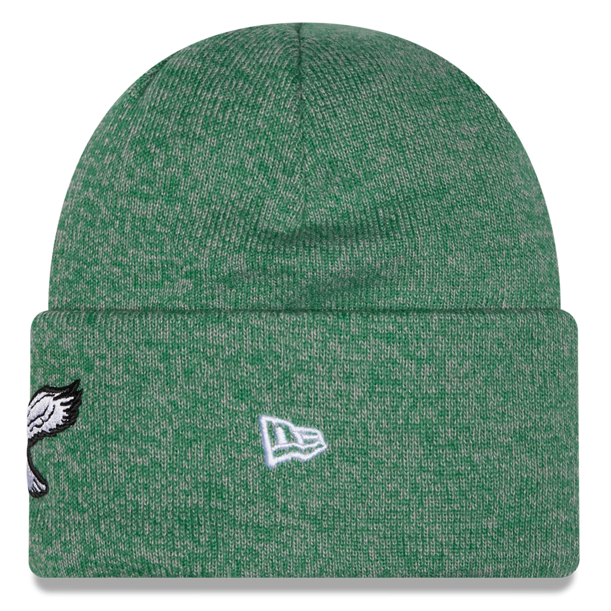 Bonnet à revers chiné vert Kelly New Era pour enfant, modèle Philadelphia Eagles.