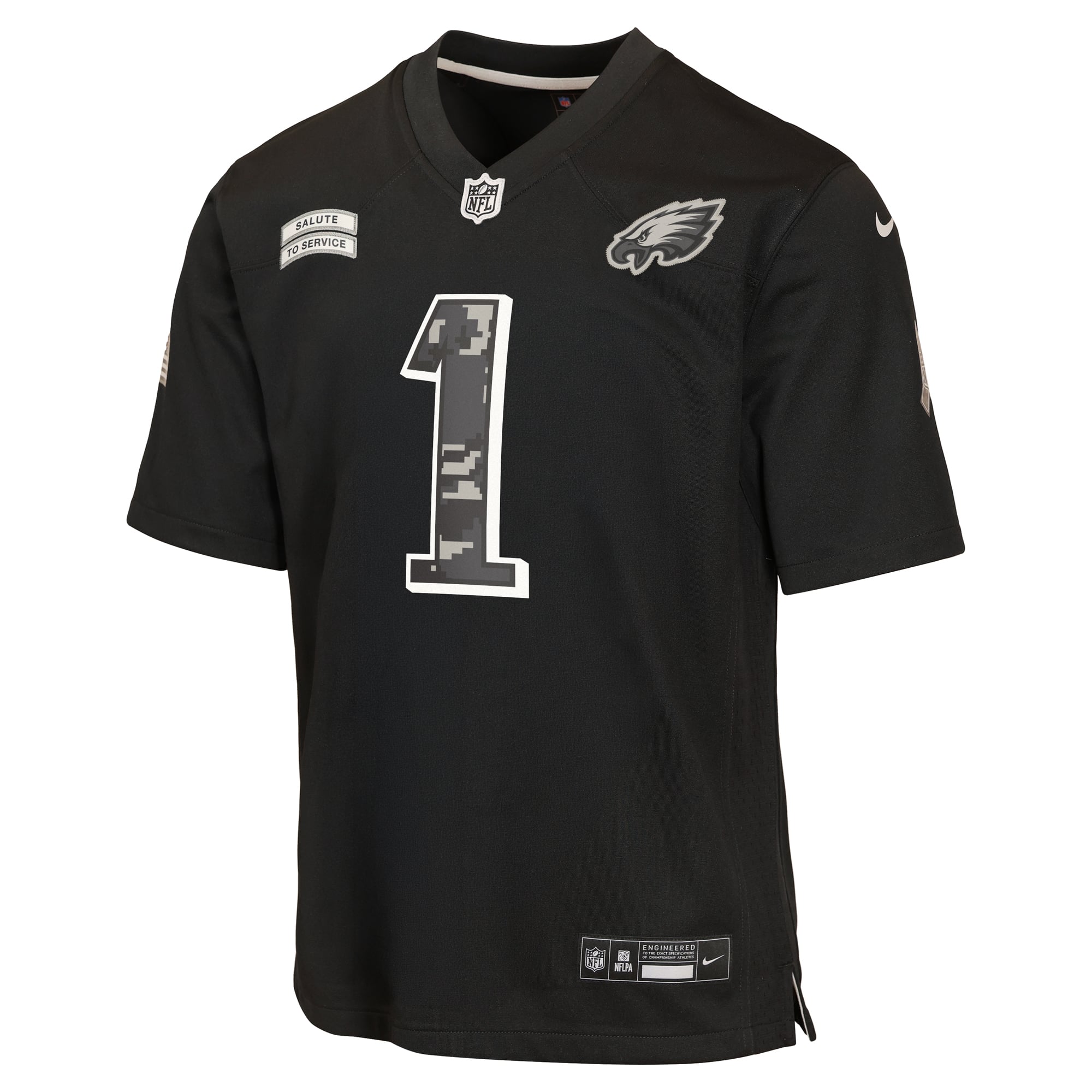 Maillot Nike Jalen Hurts noir pour enfant, Philadelphia Eagles, édition spéciale 2026 « Salute to Service ».